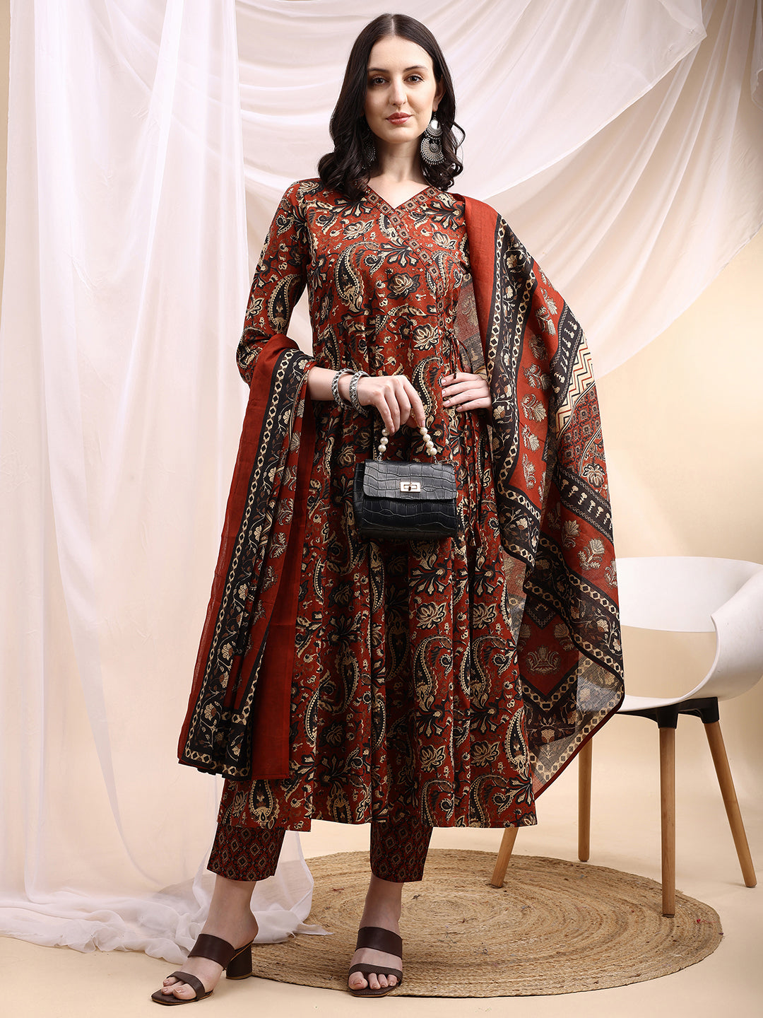 Paisley Printed Angarkha Style Anarkali Kurta With Pant & Dupatta, Rust - Hiral Fashion