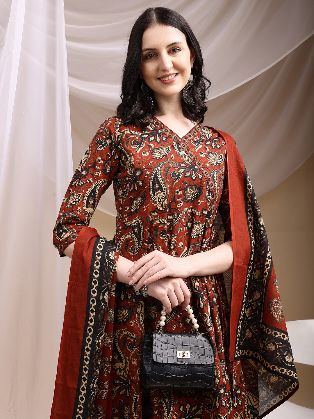 Paisley Printed Angarkha Style Anarkali Kurta With Pant & Dupatta, Rust - Hiral Fashion