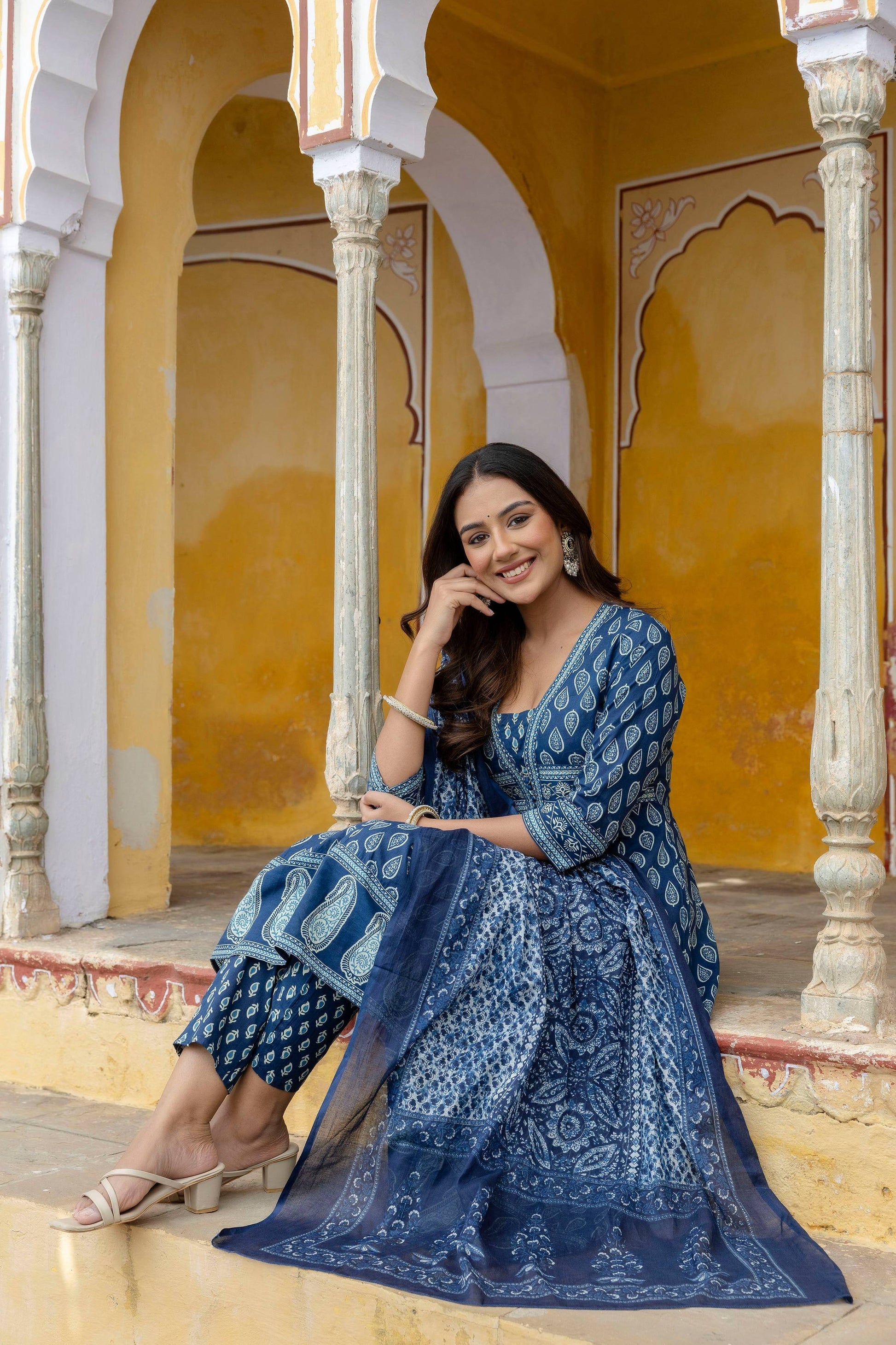 Ethnic Printed Anarkali Kurta With Matching Pant & A Flowy Dupatta, Blue - Hiral Fashion