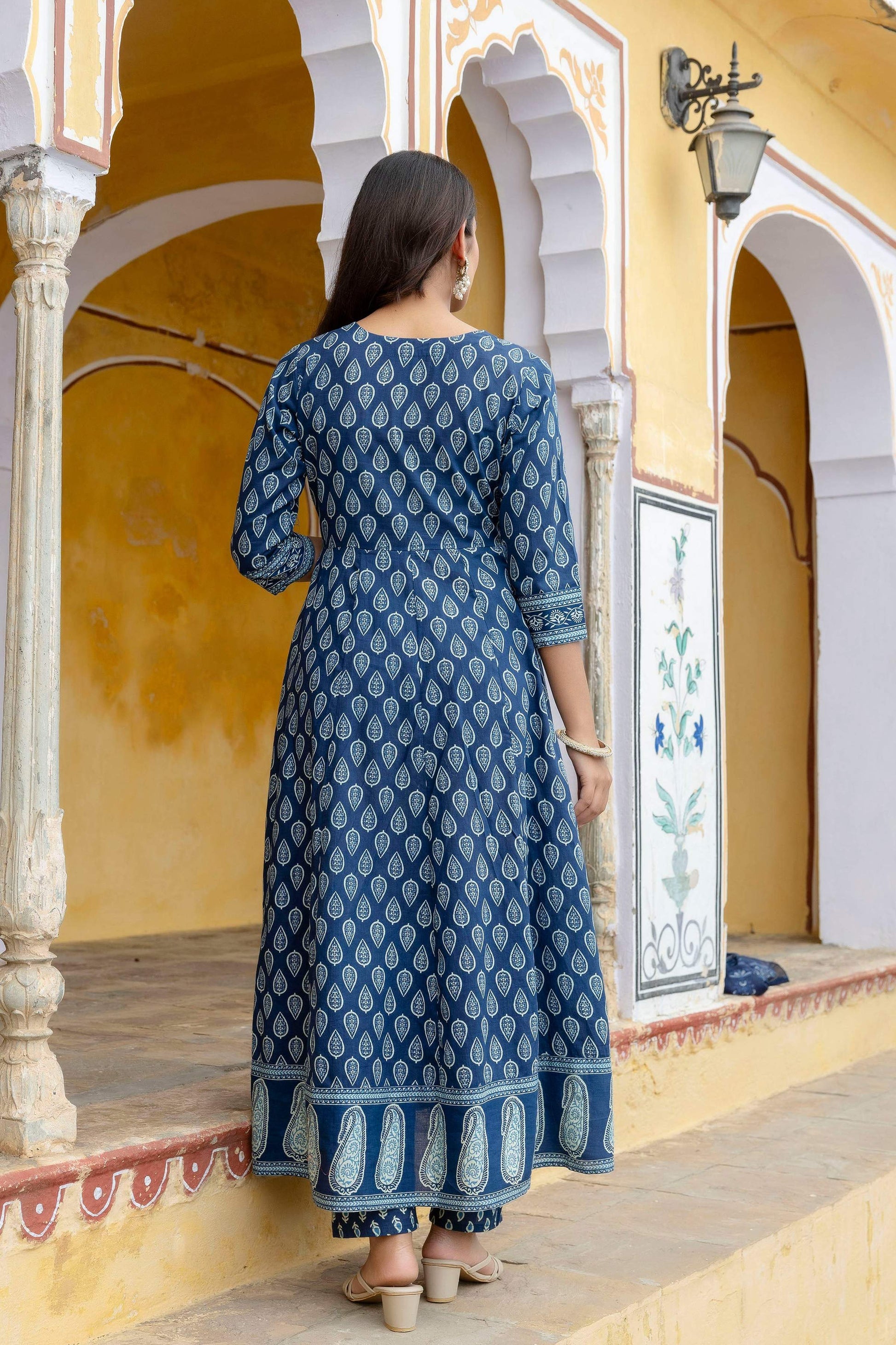 Ethnic Printed Anarkali Kurta With Matching Pant & A Flowy Dupatta, Blue - Hiral Fashion