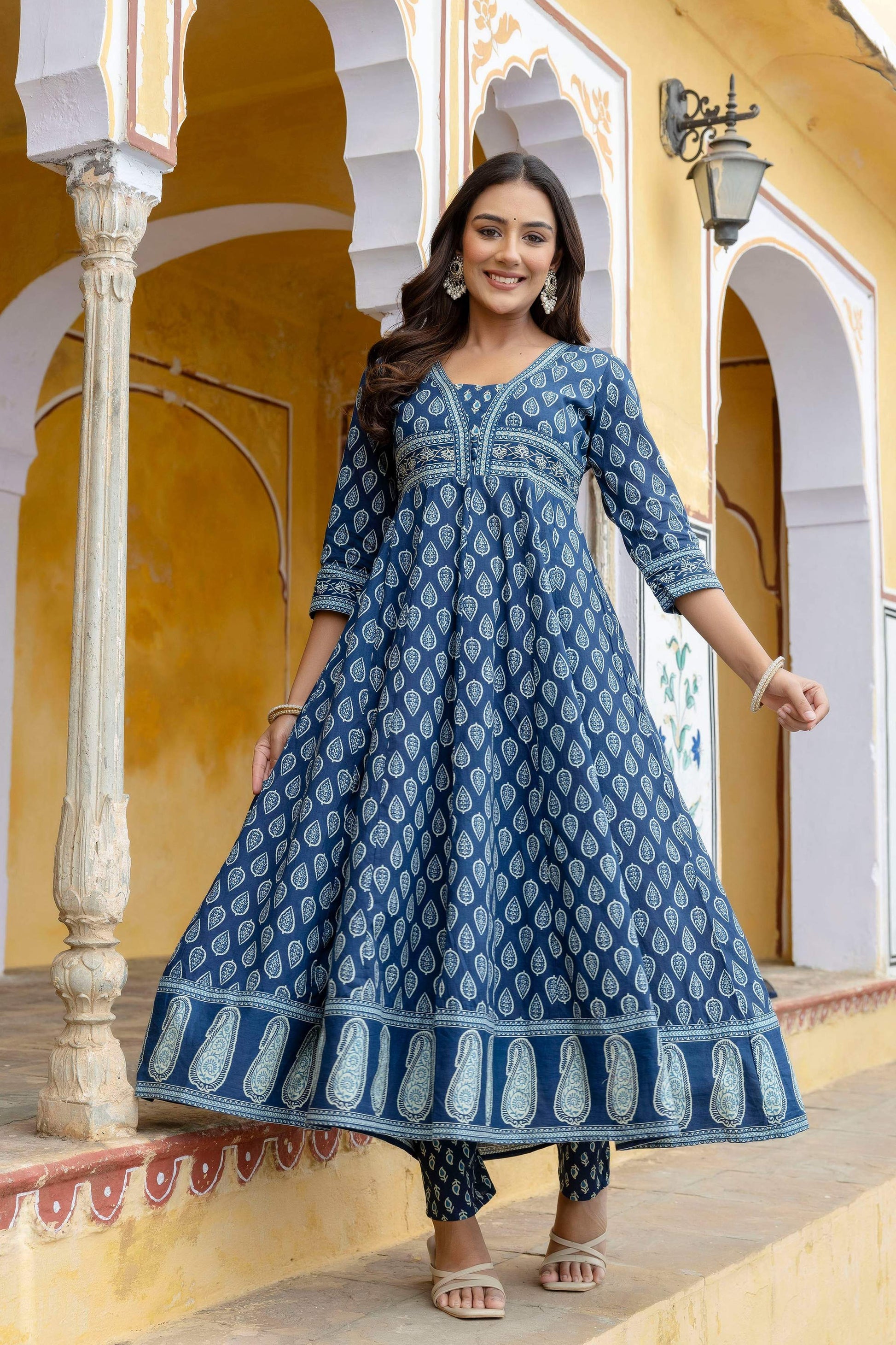 Ethnic Printed Anarkali Kurta With Matching Pant & A Flowy Dupatta, Blue - Hiral Fashion