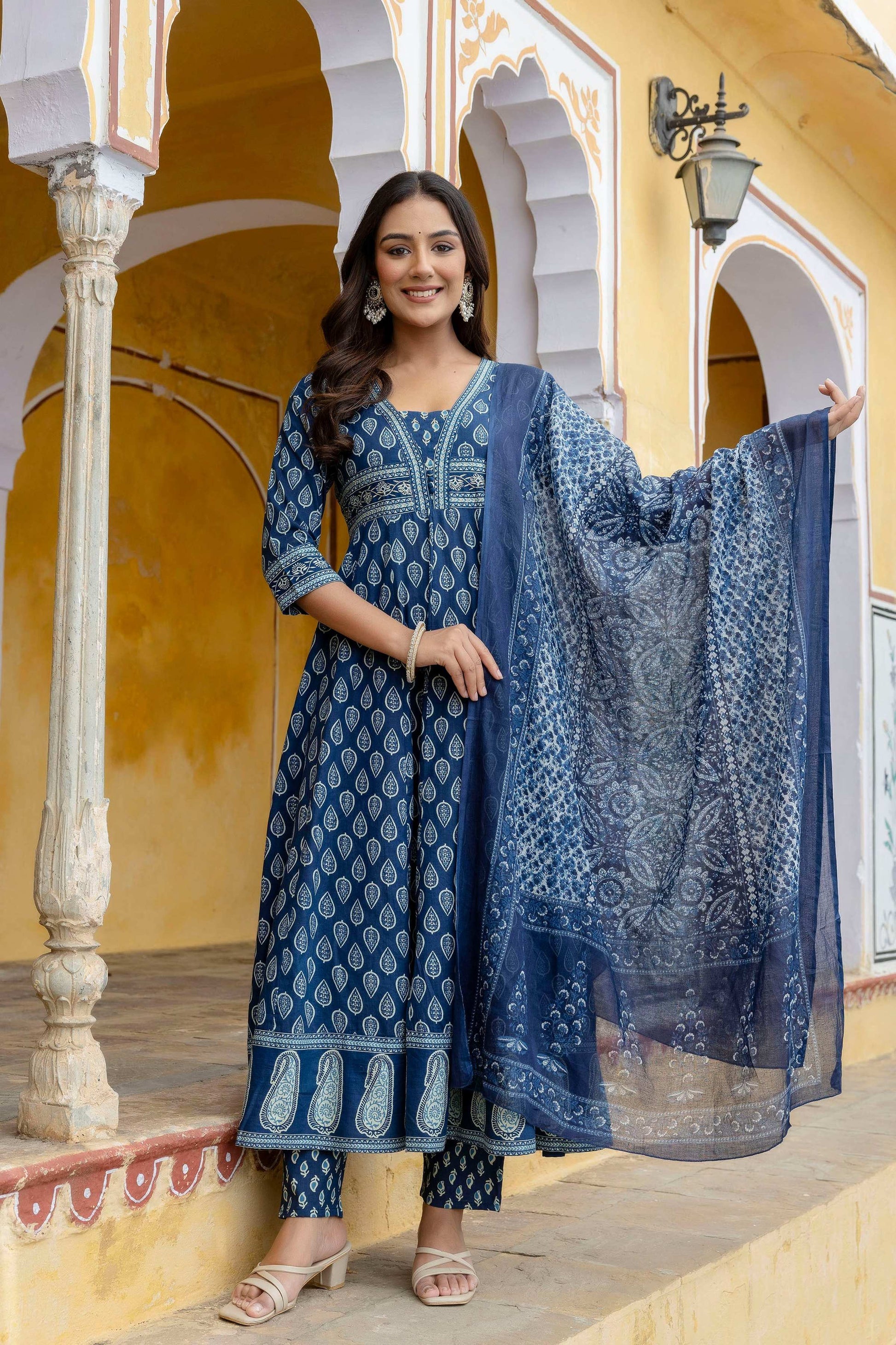 Ethnic Printed Anarkali Kurta With Matching Pant & A Flowy Dupatta, Blue - Hiral Fashion