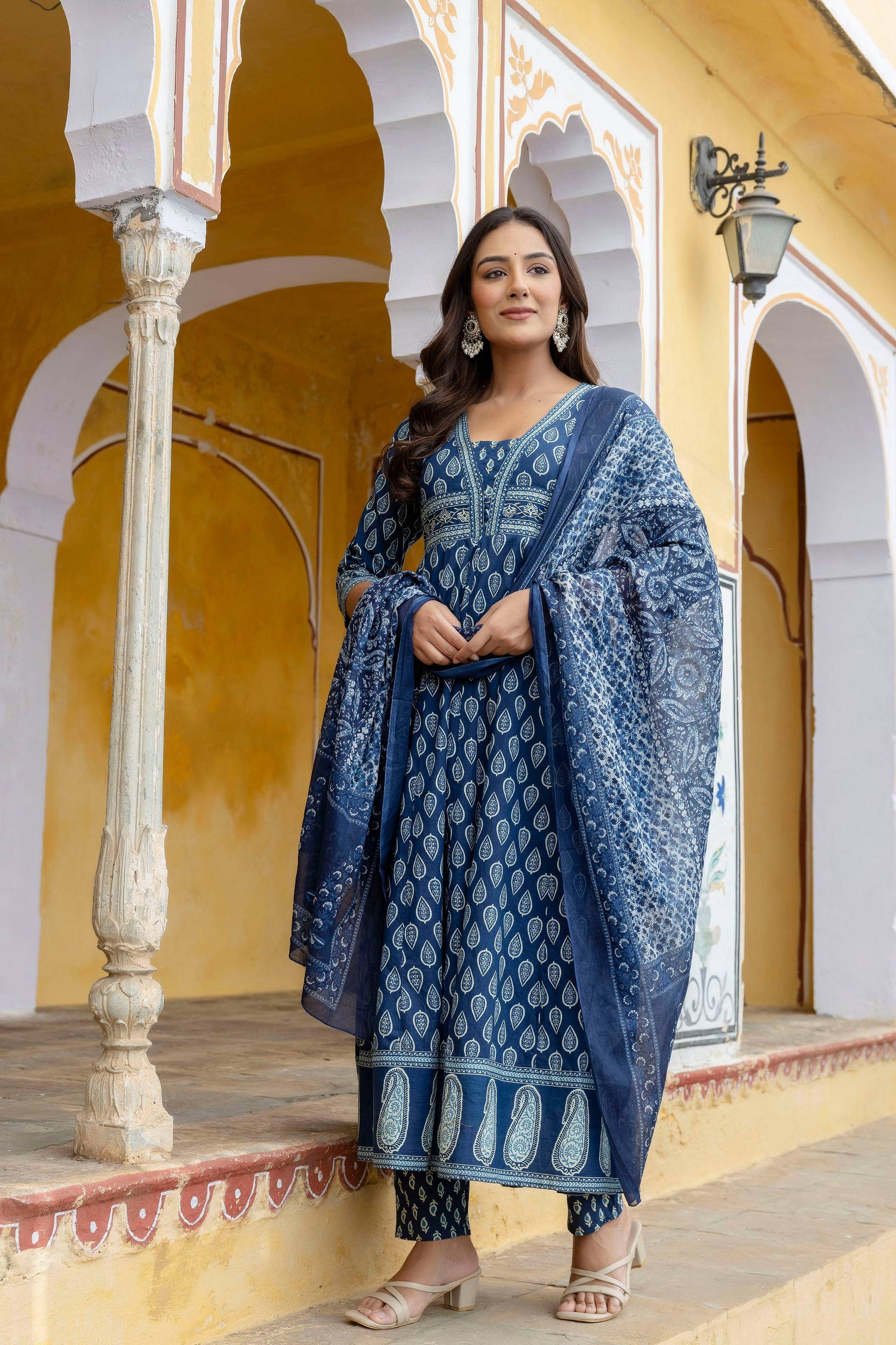 Ethnic Printed Anarkali Kurta With Matching Pant & A Flowy Dupatta, Blue - Hiral Fashion