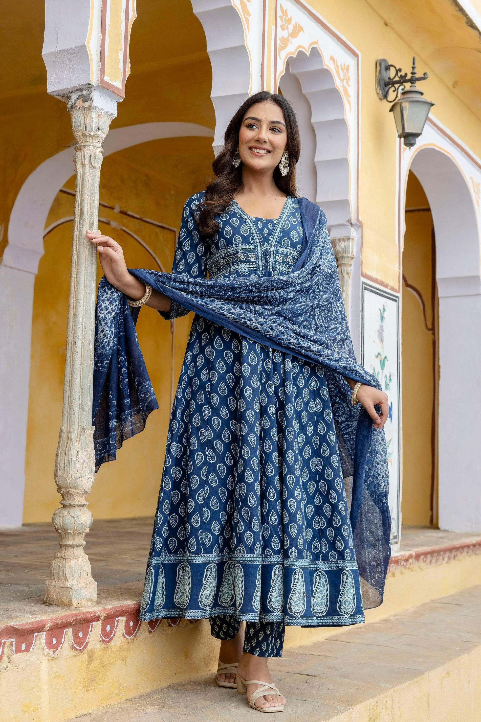 Ethnic Printed Anarkali Kurta With Matching Pant & A Flowy Dupatta, Blue - Hiral Fashion