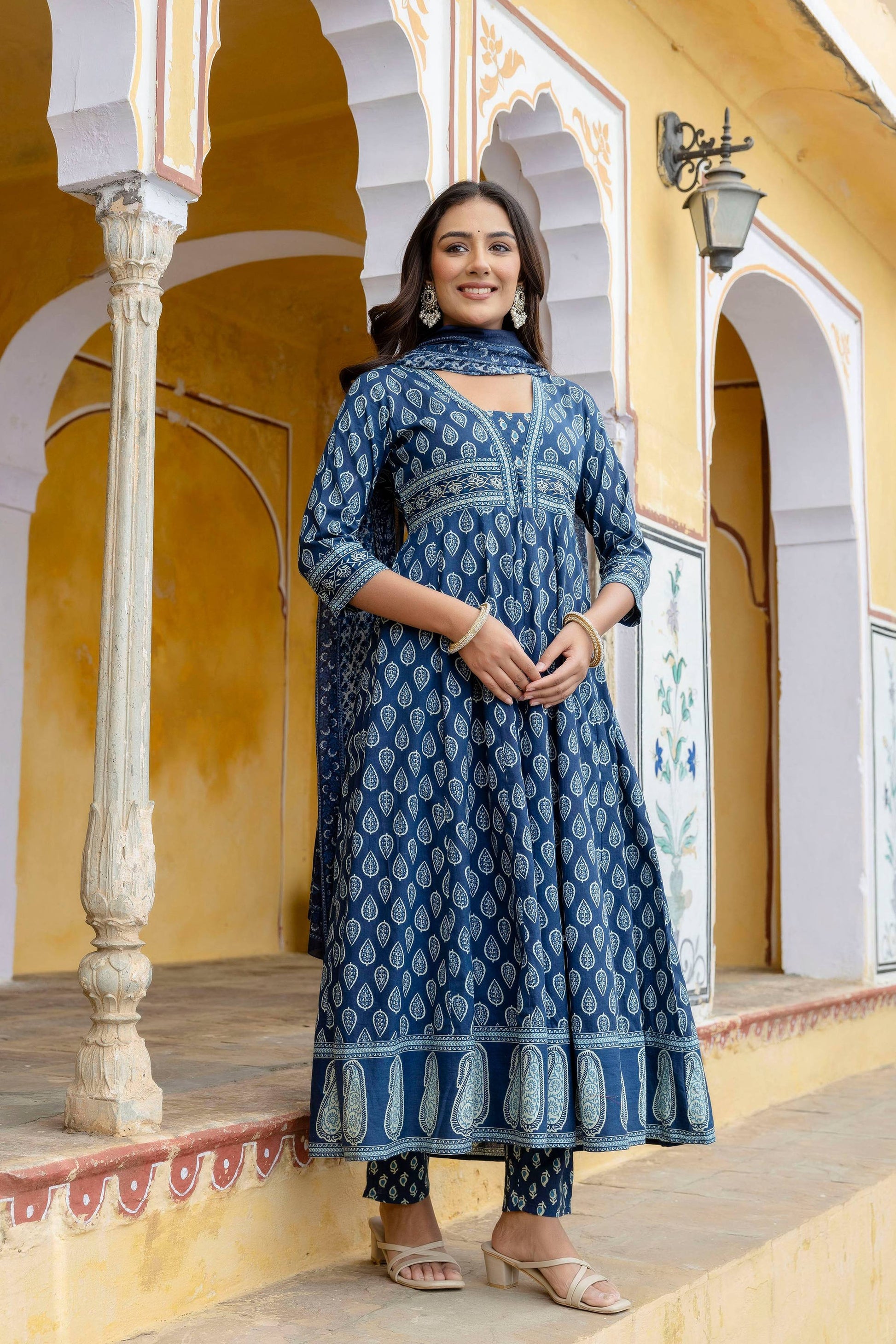 Ethnic Printed Anarkali Kurta With Matching Pant & A Flowy Dupatta, Blue - Hiral Fashion