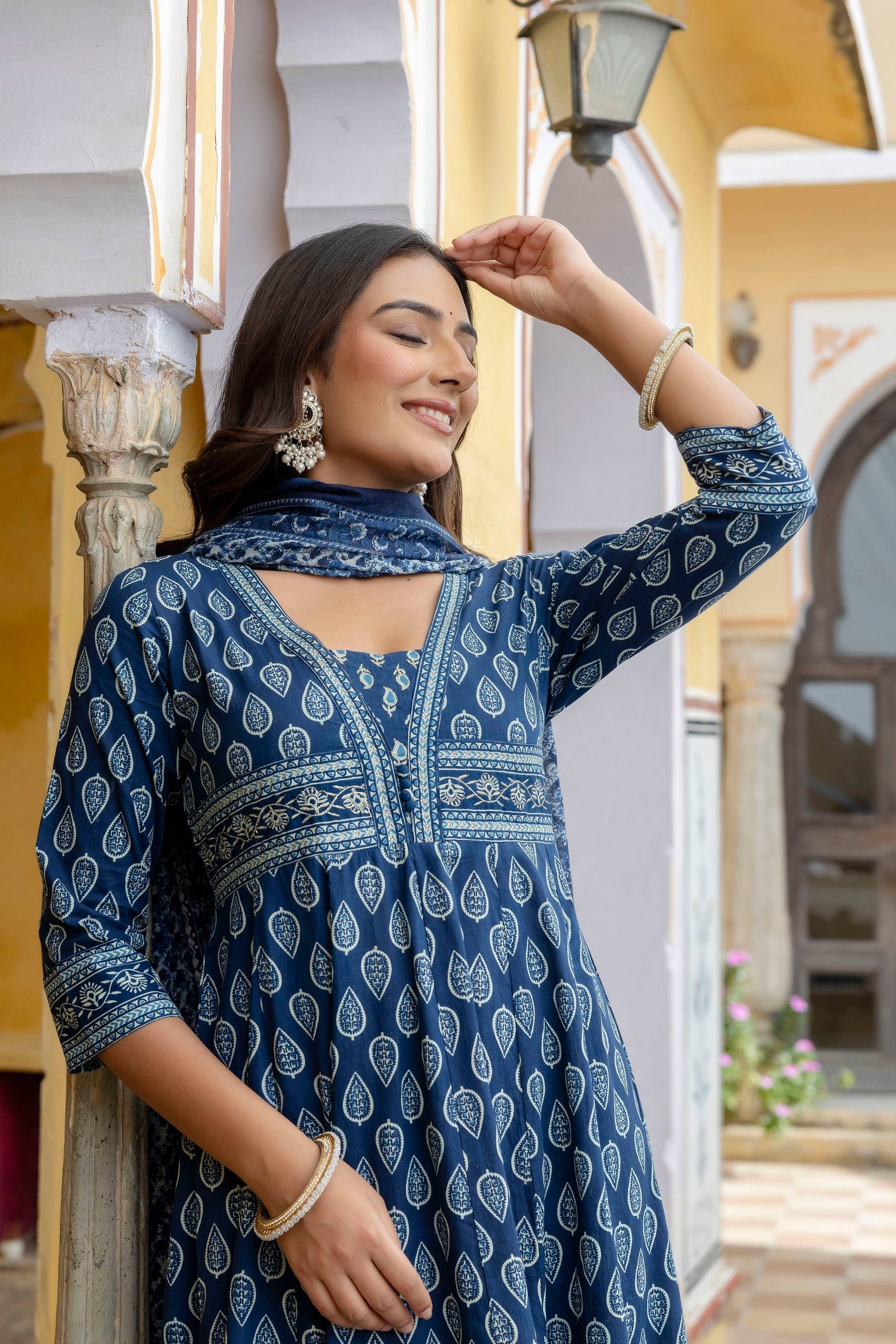 Ethnic Printed Anarkali Kurta With Matching Pant & A Flowy Dupatta, Blue - Hiral Fashion