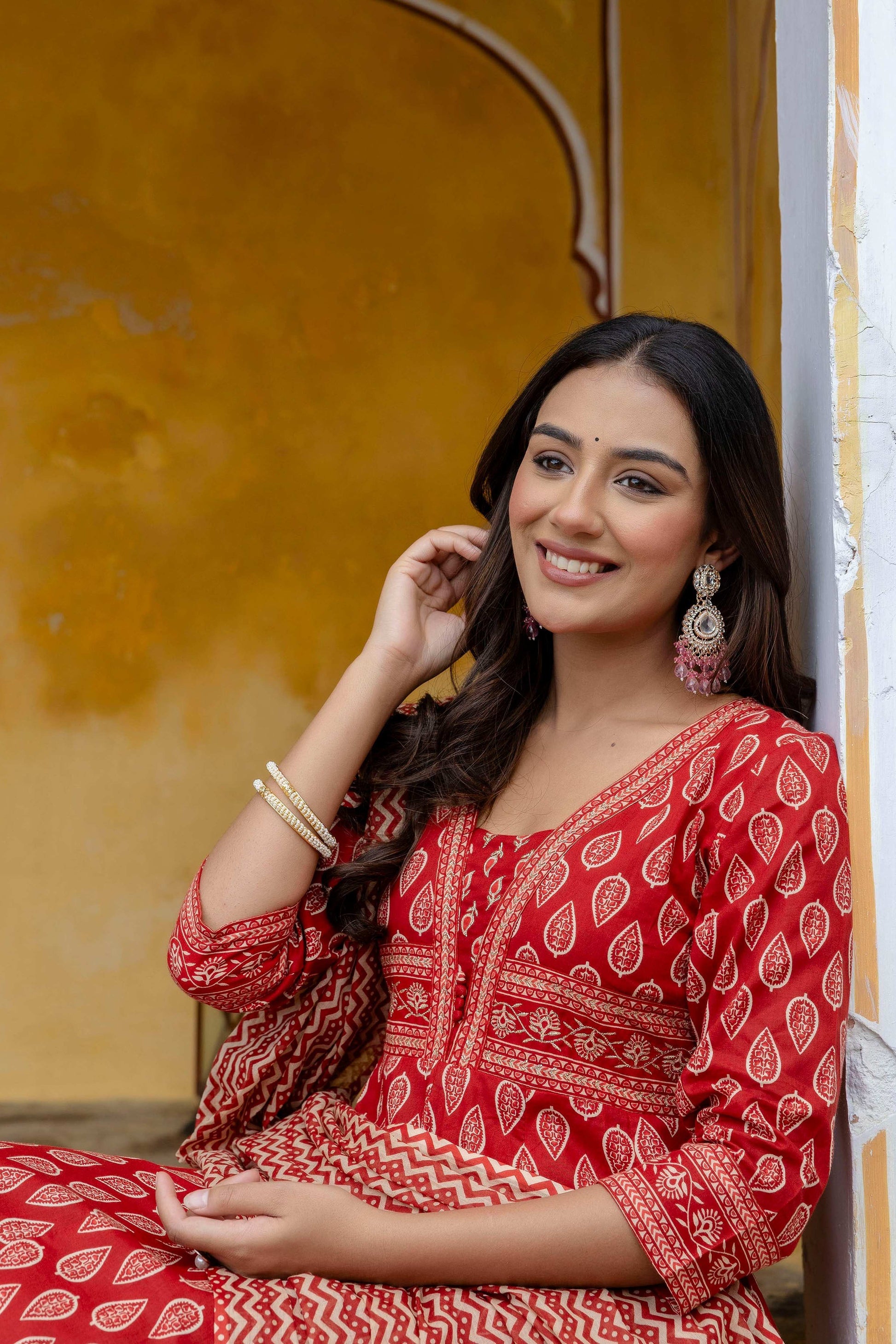 Ethnic Printed Anarkali Kurta With Matching Pant & A Flowy Dupatta, Rust - Hiral Fashion