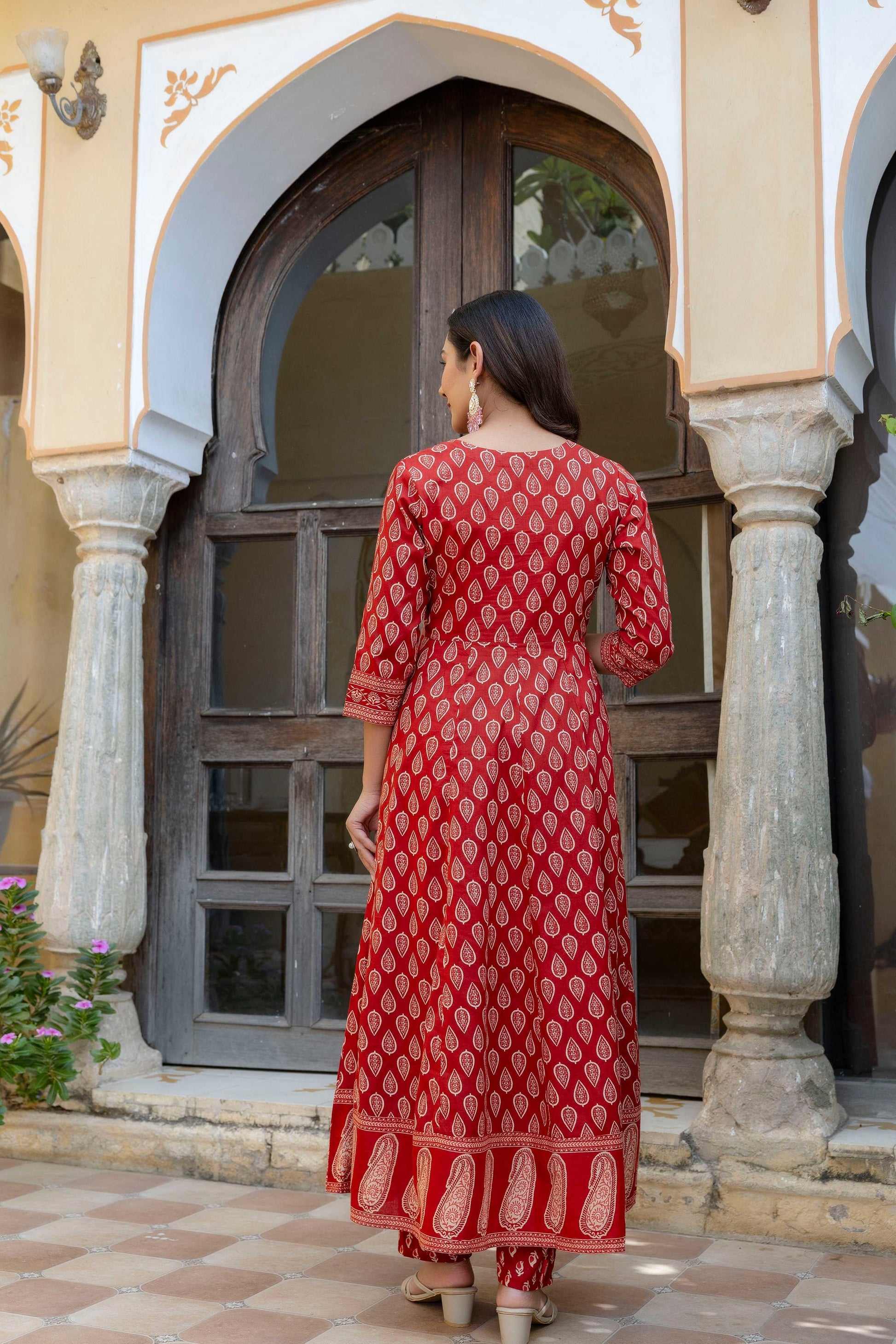 Ethnic Printed Anarkali Kurta With Matching Pant & A Flowy Dupatta, Rust - Hiral Fashion