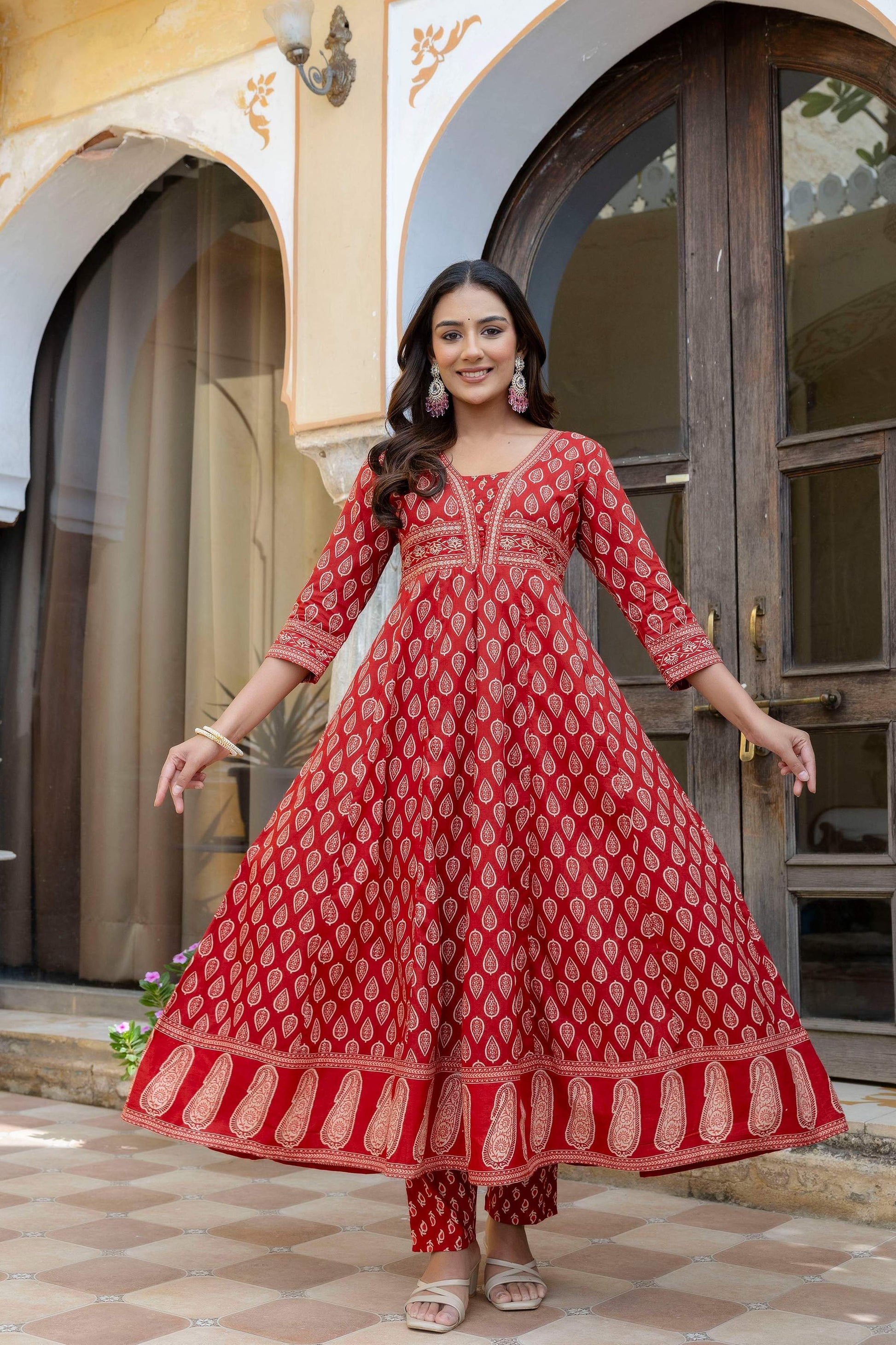 Ethnic Printed Anarkali Kurta With Matching Pant & A Flowy Dupatta, Rust - Hiral Fashion