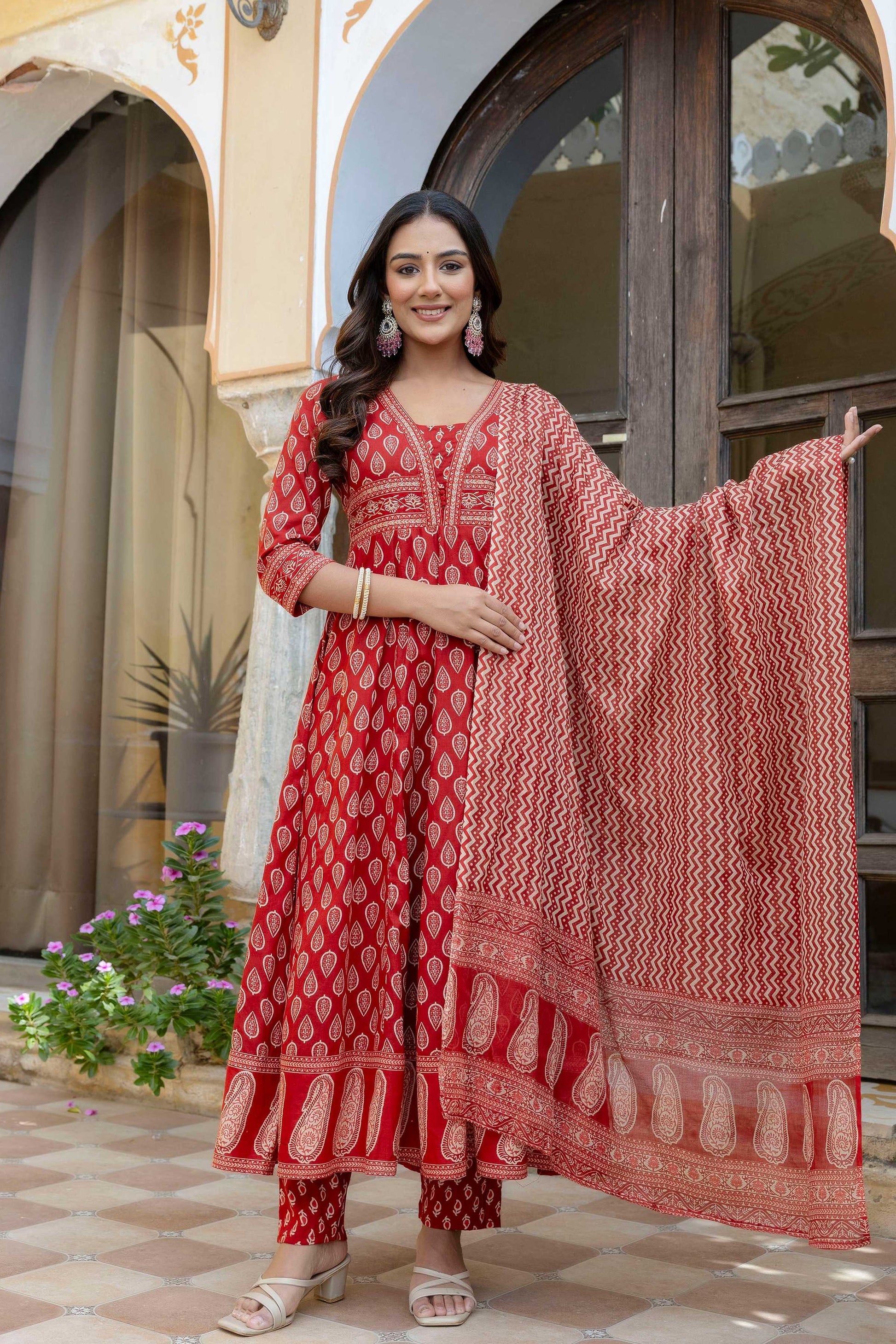 Ethnic Printed Anarkali Kurta With Matching Pant & A Flowy Dupatta, Rust - Hiral Fashion