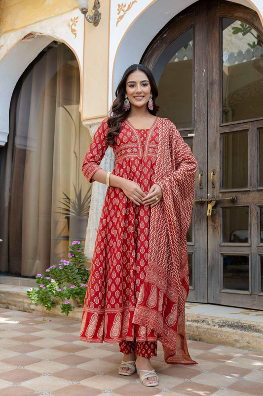 Ethnic Printed Anarkali Kurta With Matching Pant & A Flowy Dupatta, Rust - Hiral Fashion