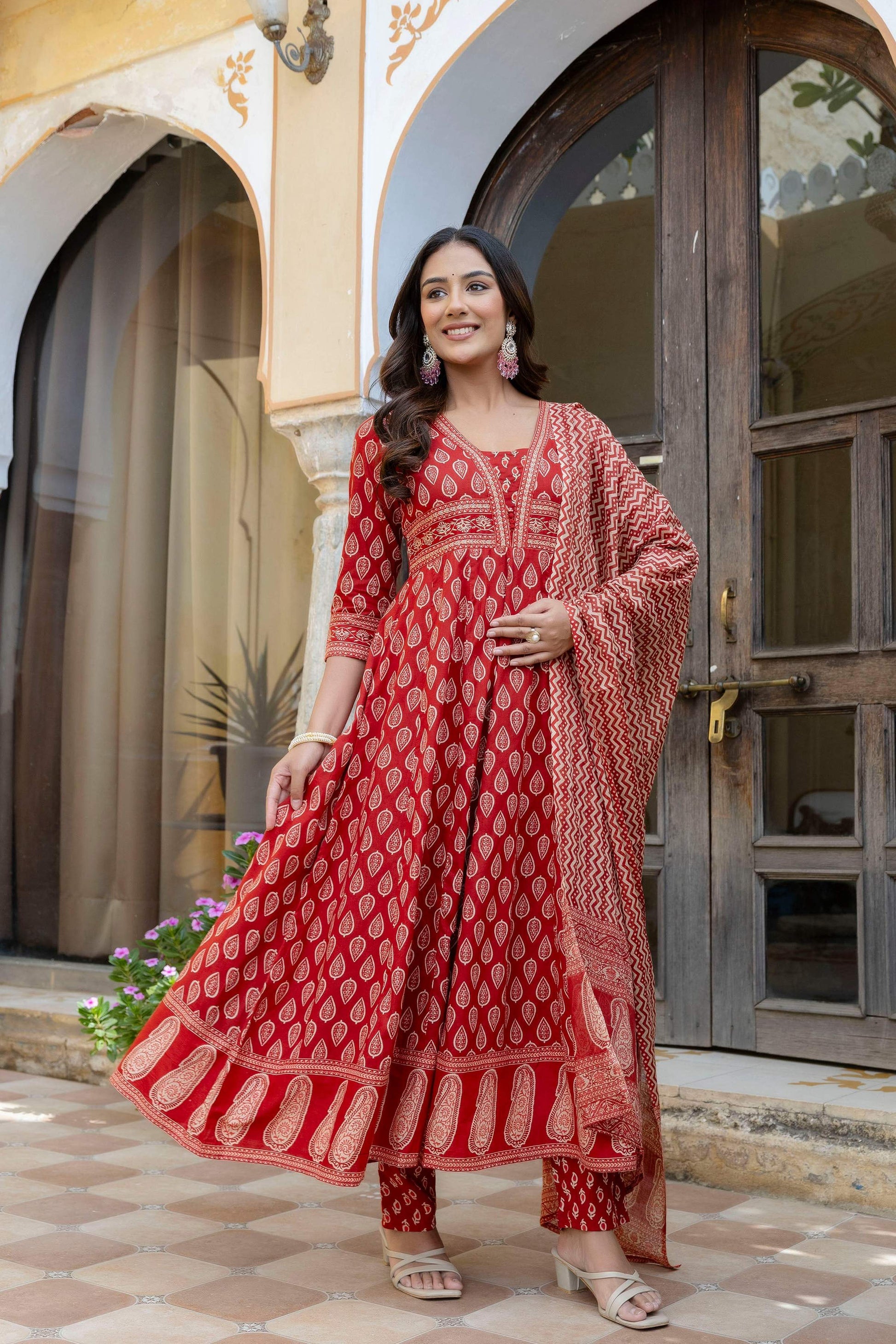 Ethnic Printed Anarkali Kurta With Matching Pant & A Flowy Dupatta, Rust - Hiral Fashion