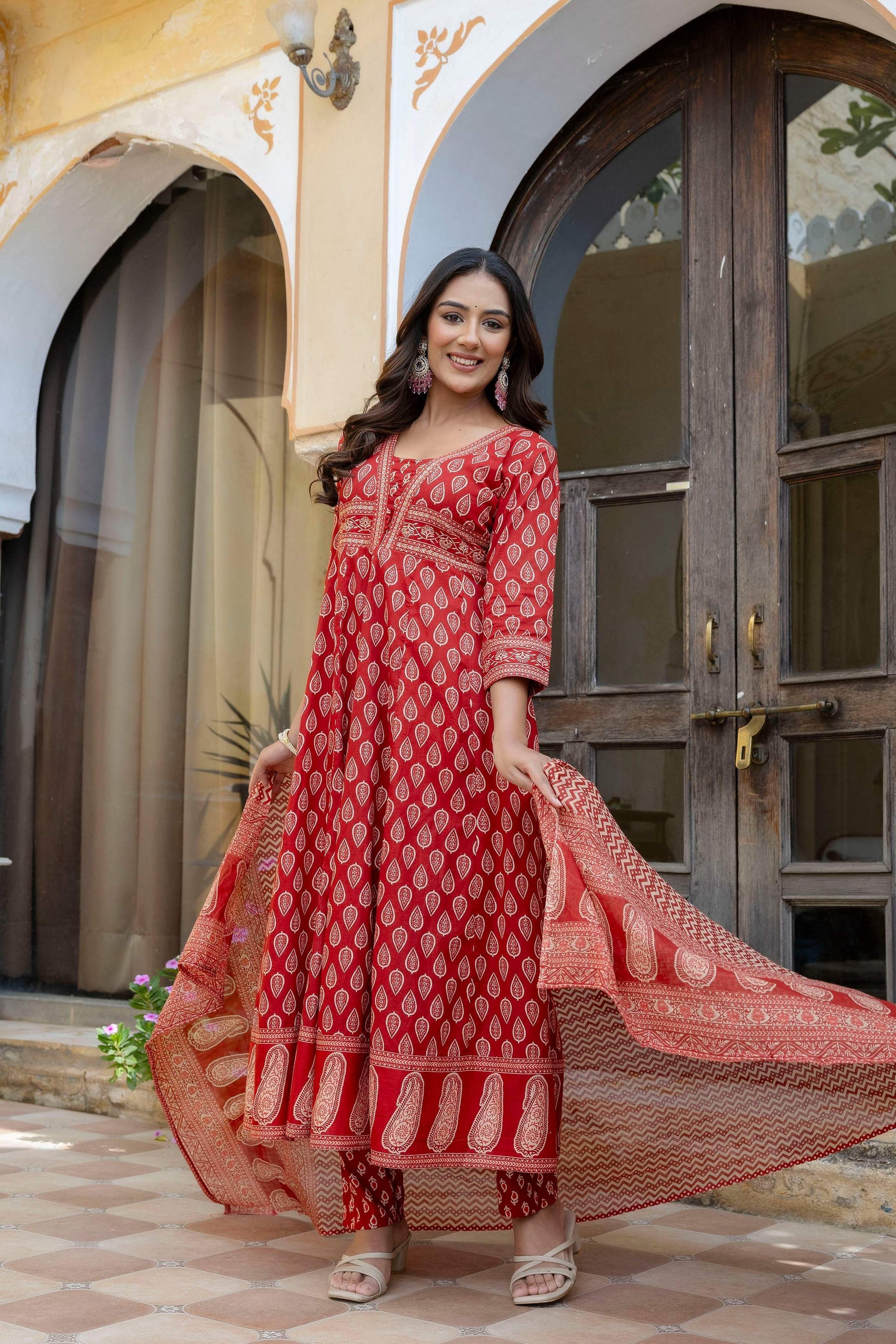 Ethnic Printed Anarkali Kurta With Matching Pant & A Flowy Dupatta, Rust - Hiral Fashion