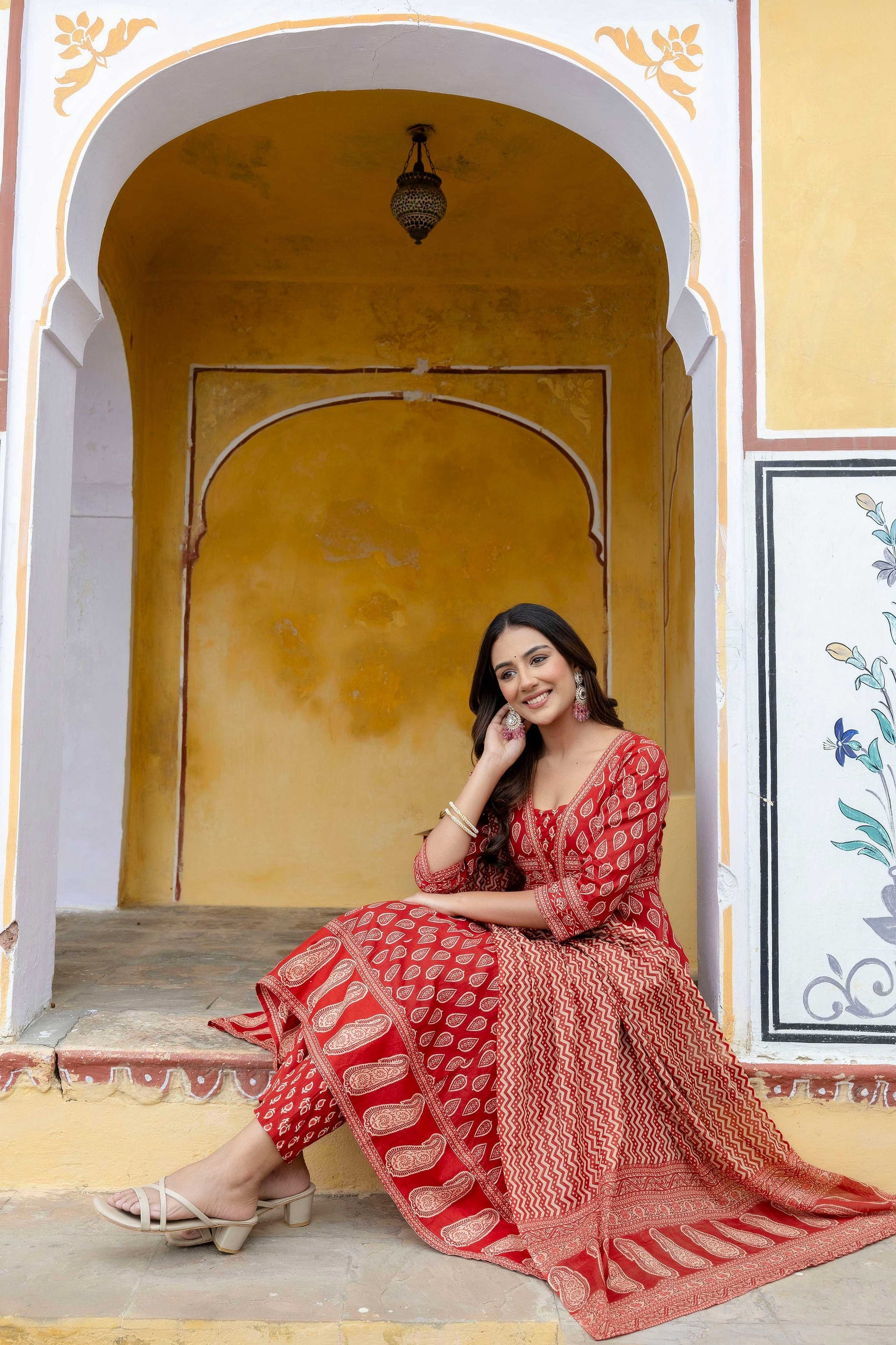 Ethnic Printed Anarkali Kurta With Matching Pant & A Flowy Dupatta, Rust - Hiral Fashion