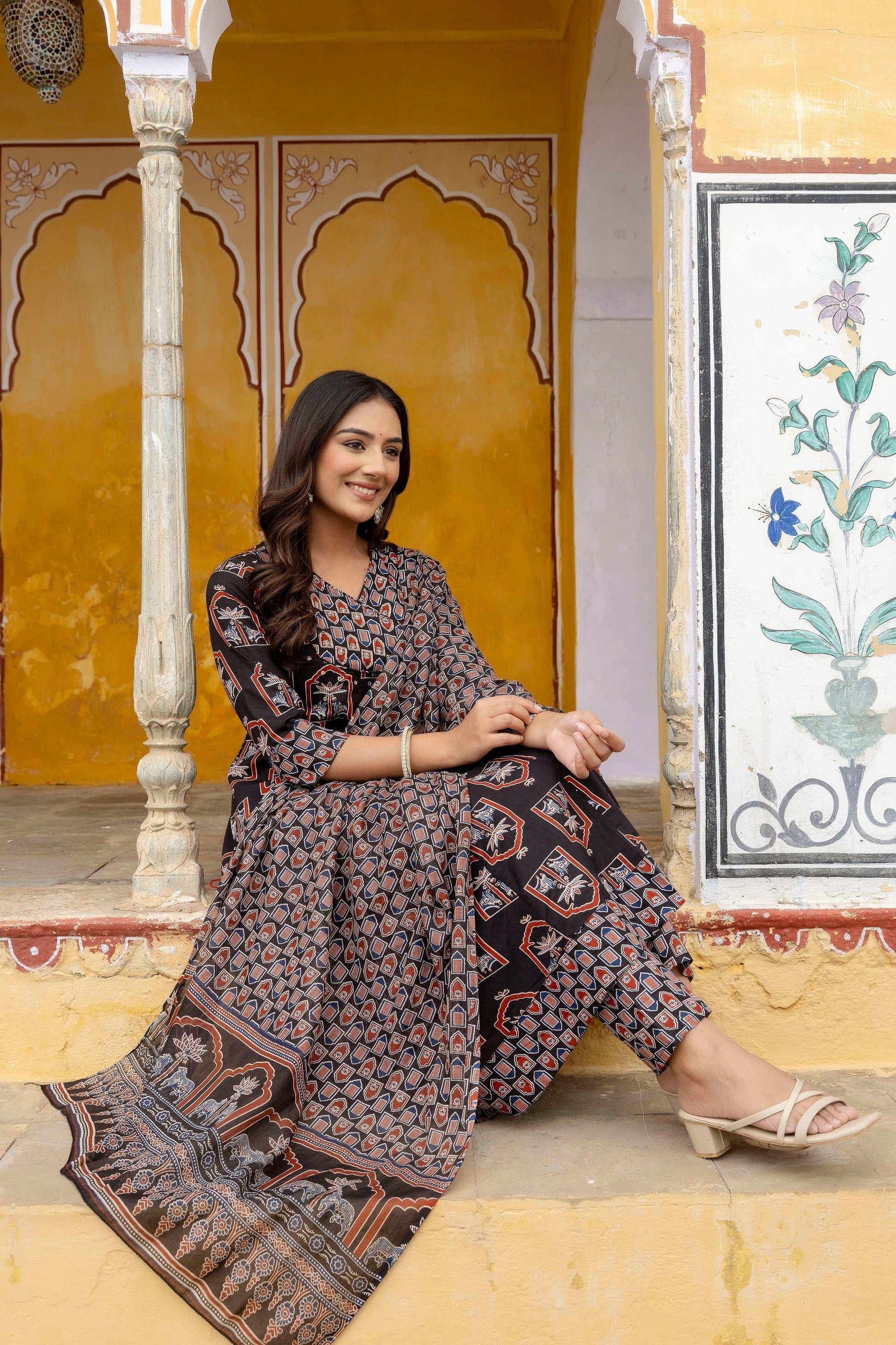 Ajrakh-Inspired Ethnic Handblock Printed Angarkha Style Kurta With Pant & Printed Dupatta, Black - Hiral Fashion