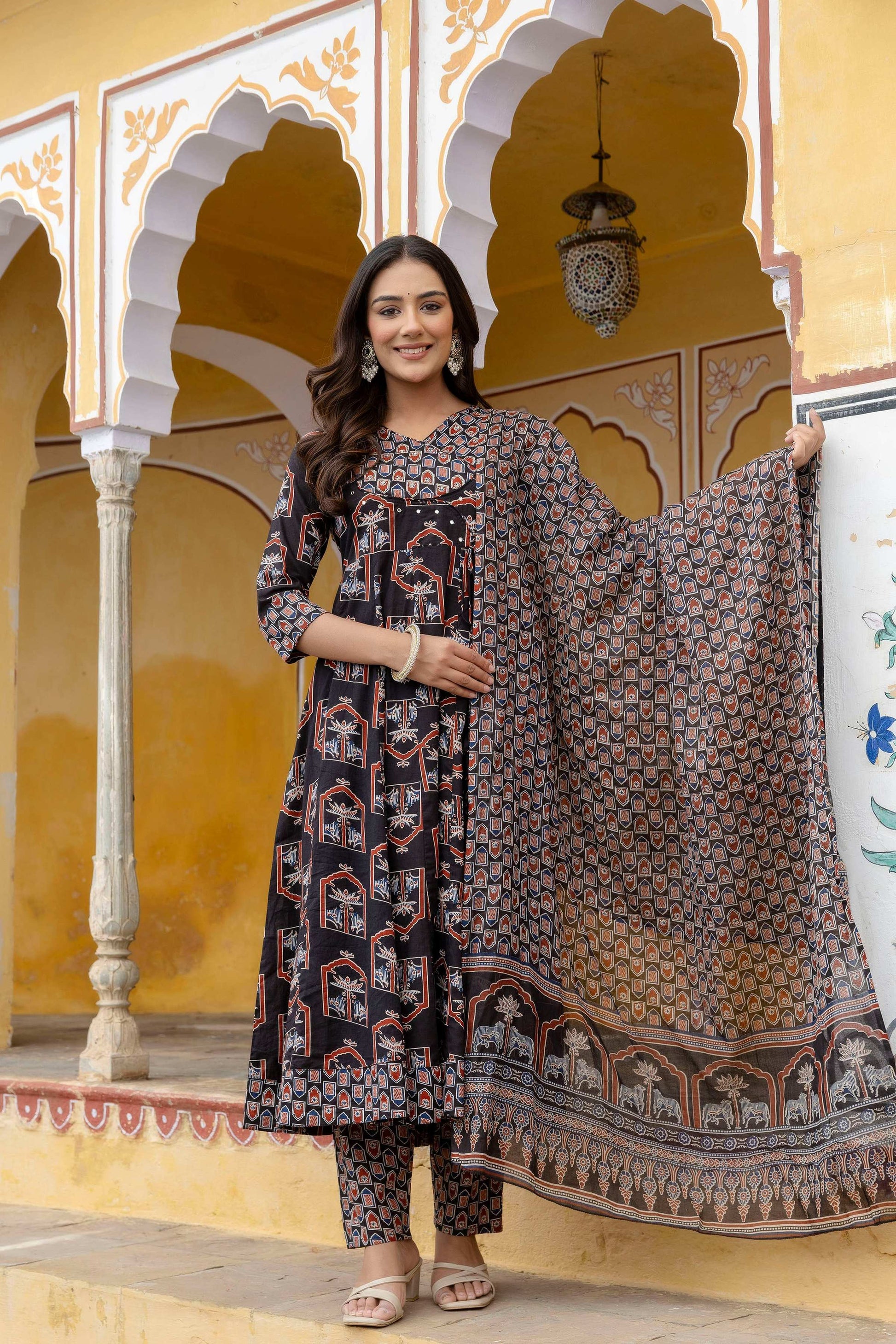 Ajrakh-Inspired Ethnic Handblock Printed Angarkha Style Kurta With Pant & Printed Dupatta, Black - Hiral Fashion