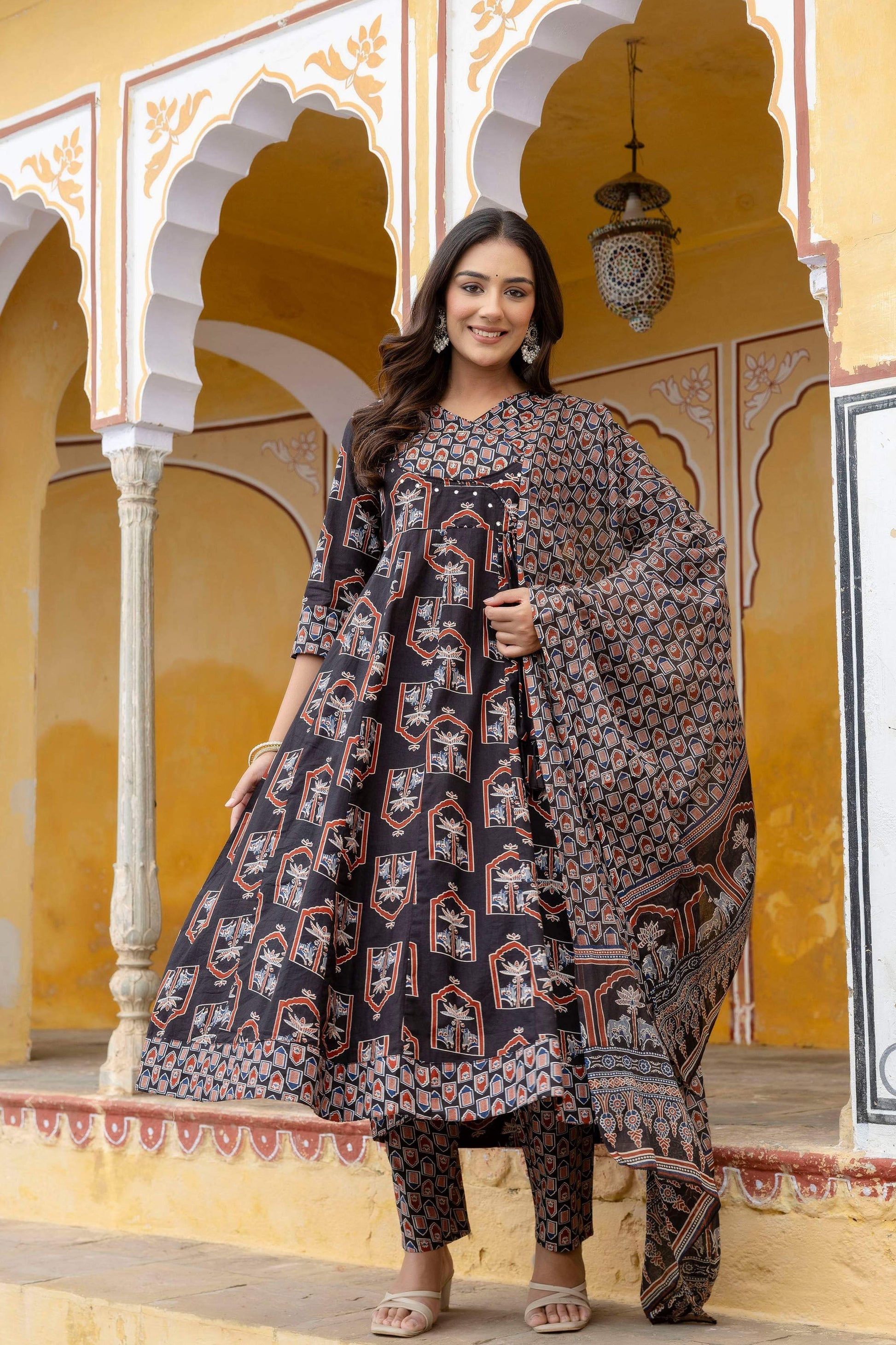 Ajrakh-Inspired Ethnic Handblock Printed Angarkha Style Kurta With Pant & Printed Dupatta, Black - Hiral Fashion