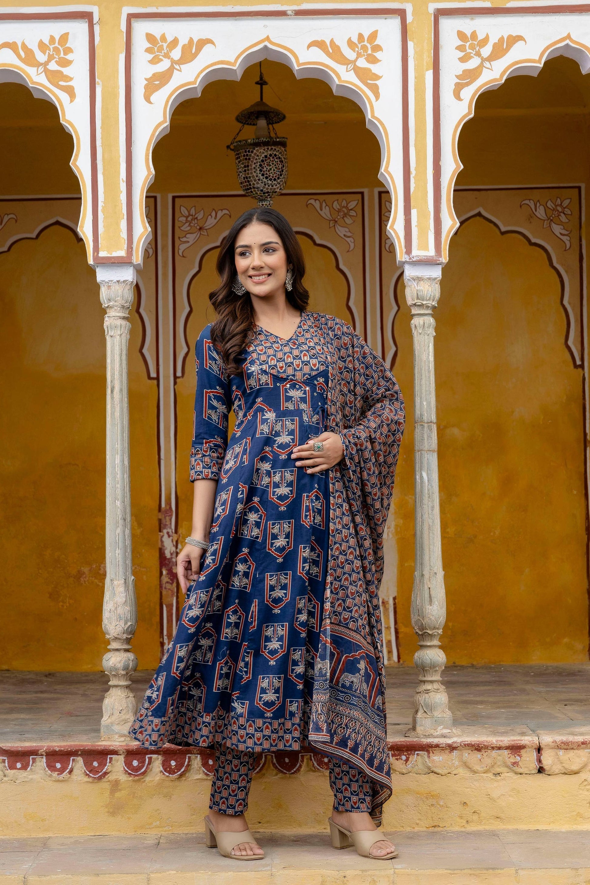 Ajrakh-Inspired Ethnic Handblock Printed Angarkha Style Kurta With Pant & Printed Dupatta, Blue - Hiral Fashion