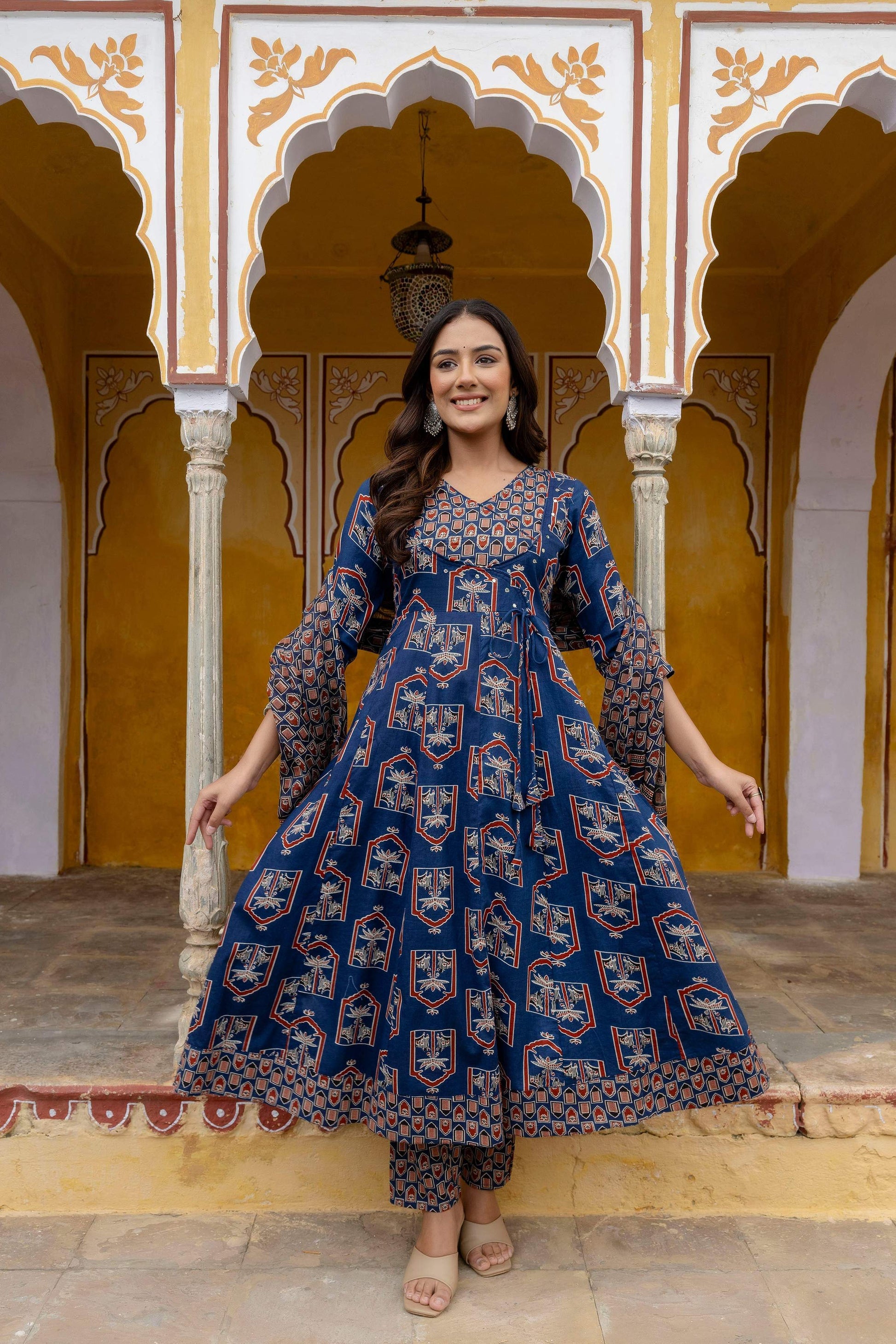 Ajrakh-Inspired Ethnic Handblock Printed Angarkha Style Kurta With Pant & Printed Dupatta, Blue - Hiral Fashion
