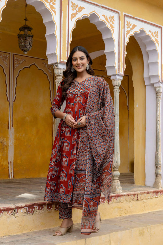 Ajrakh-Inspired Ethnic Handblock Printed Angarkha Style Kurta With Pant & Printed Dupatta, Rust - Hiral Fashion