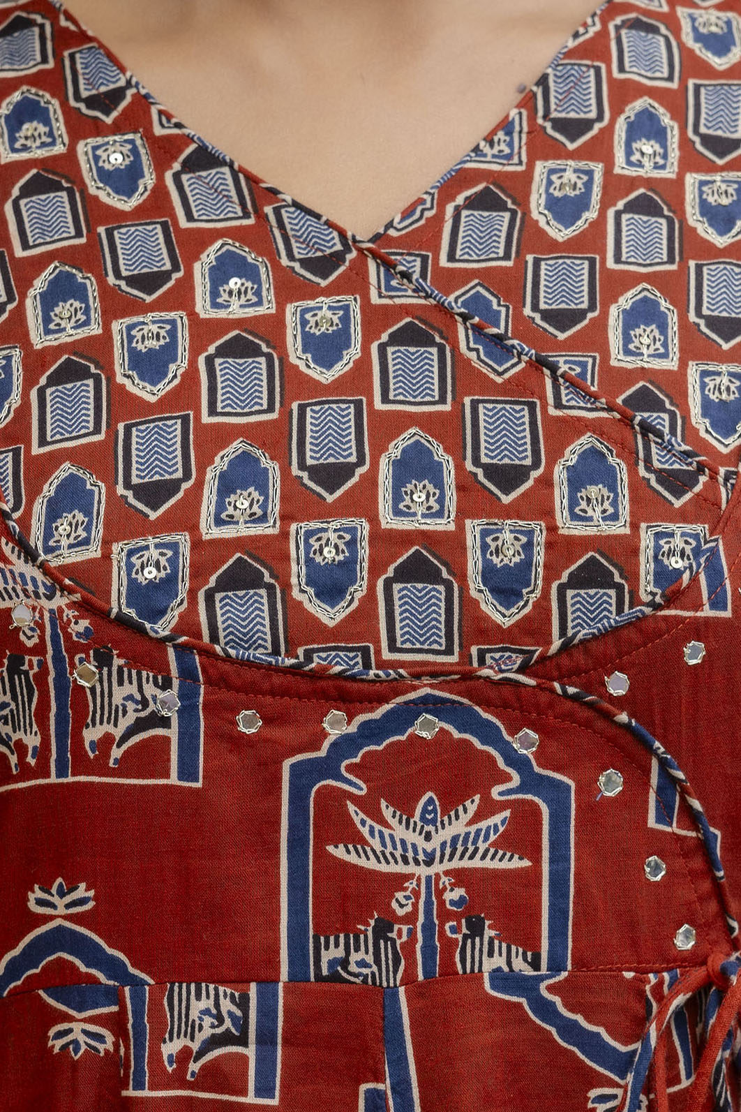 Ajrakh-Inspired Ethnic Handblock Printed Angarkha Style Kurta With Pant & Printed Dupatta, Rust - Hiral Fashion