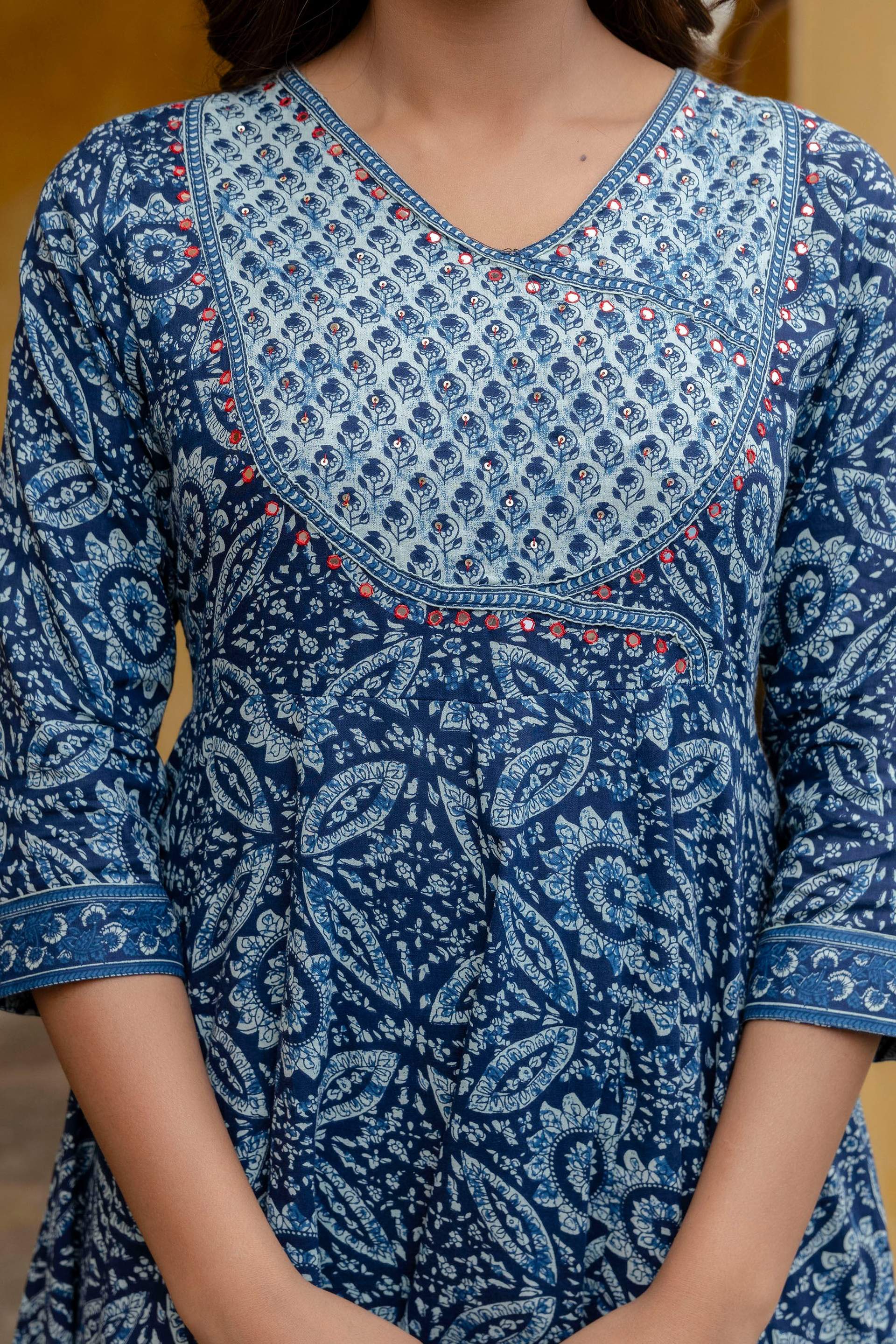 Embroidered Anarkali Kurta With Pant & Printed Dupatta, Blue - Hiral Fashion