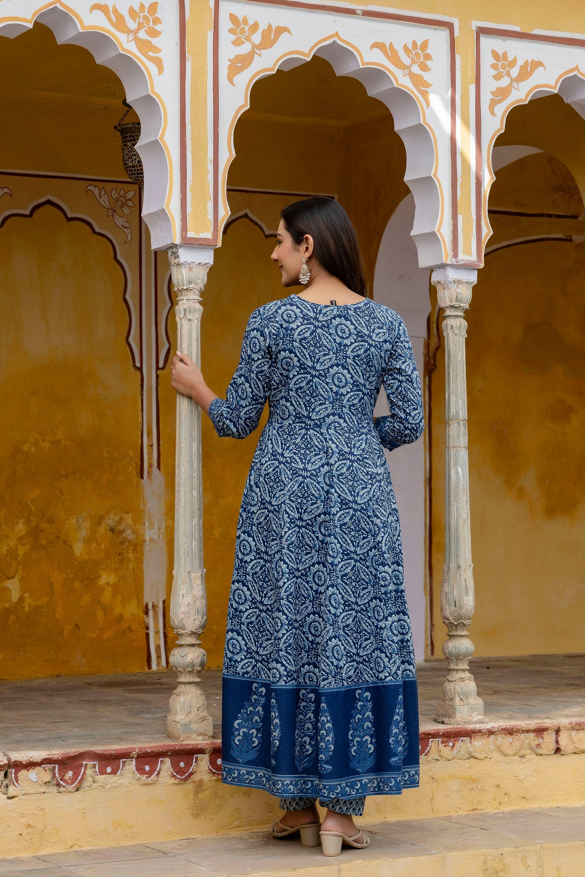 Embroidered Anarkali Kurta With Pant & Printed Dupatta, Blue - Hiral Fashion