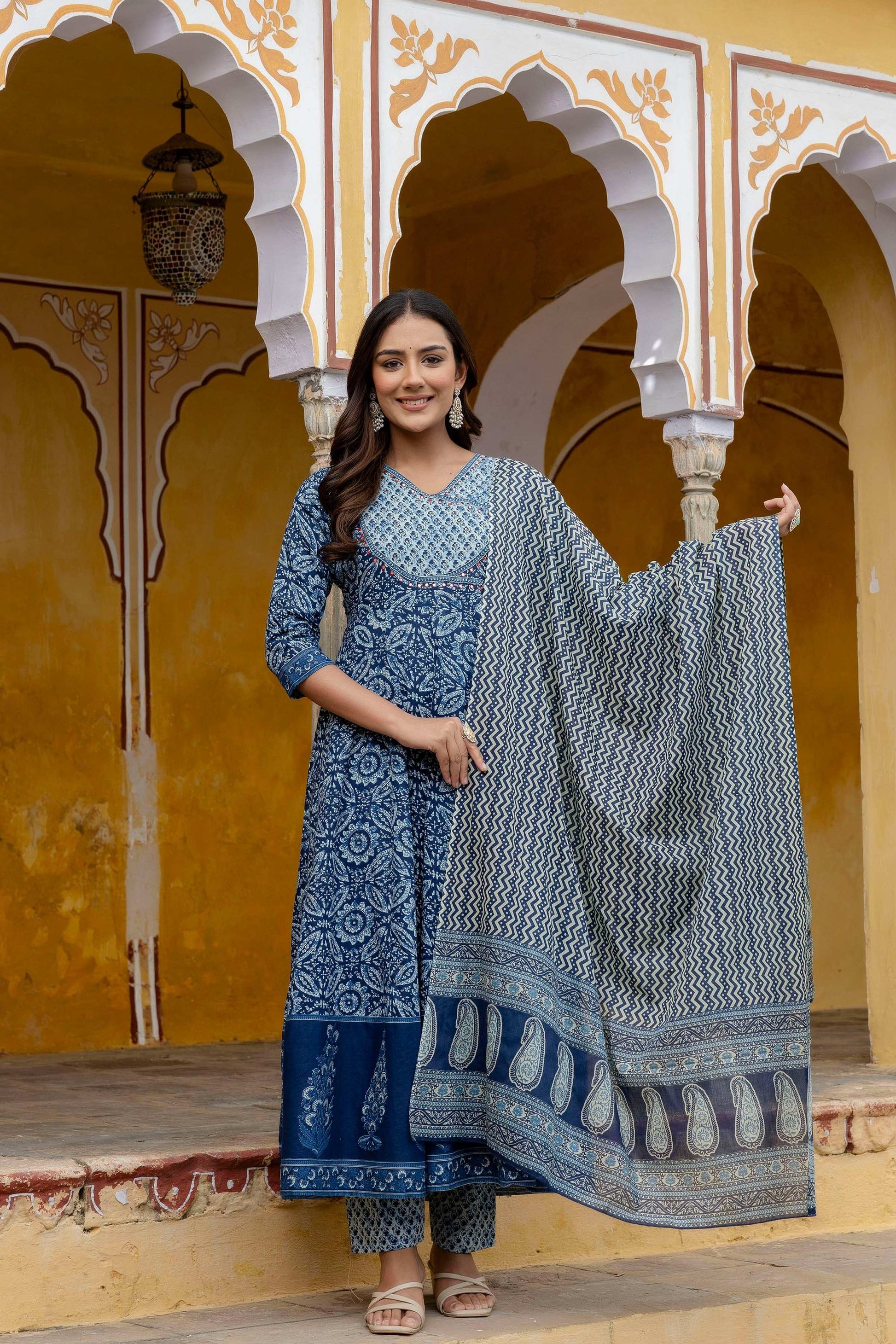 Embroidered Anarkali Kurta With Pant & Printed Dupatta, Blue - Hiral Fashion