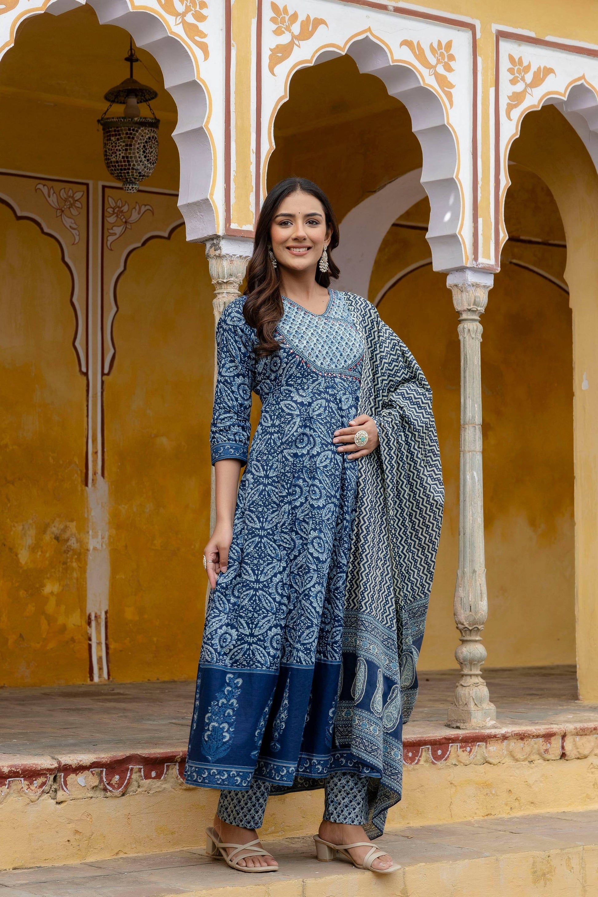 Embroidered Anarkali Kurta With Pant & Printed Dupatta, Blue - Hiral Fashion