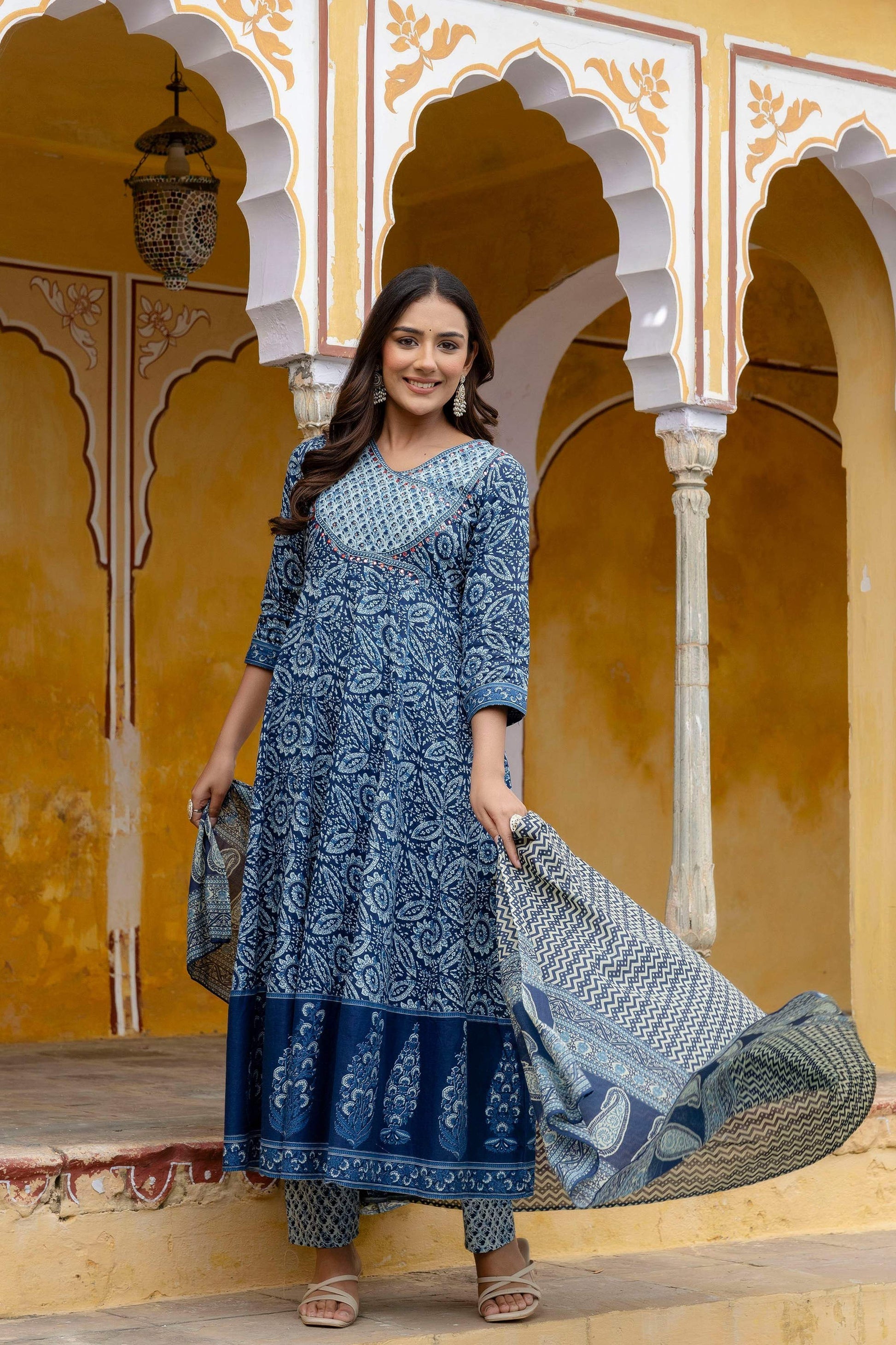 Embroidered Anarkali Kurta With Pant & Printed Dupatta, Blue - Hiral Fashion