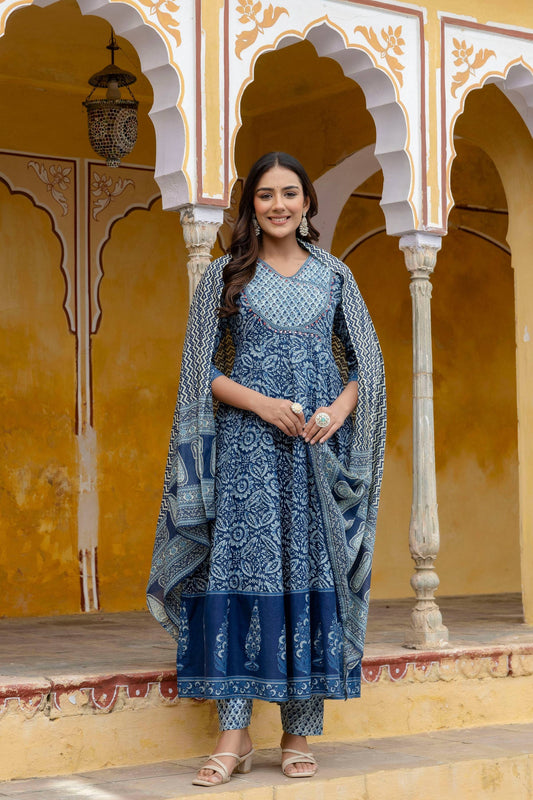 Embroidered Anarkali Kurta With Pant & Printed Dupatta, Blue - Hiral Fashion