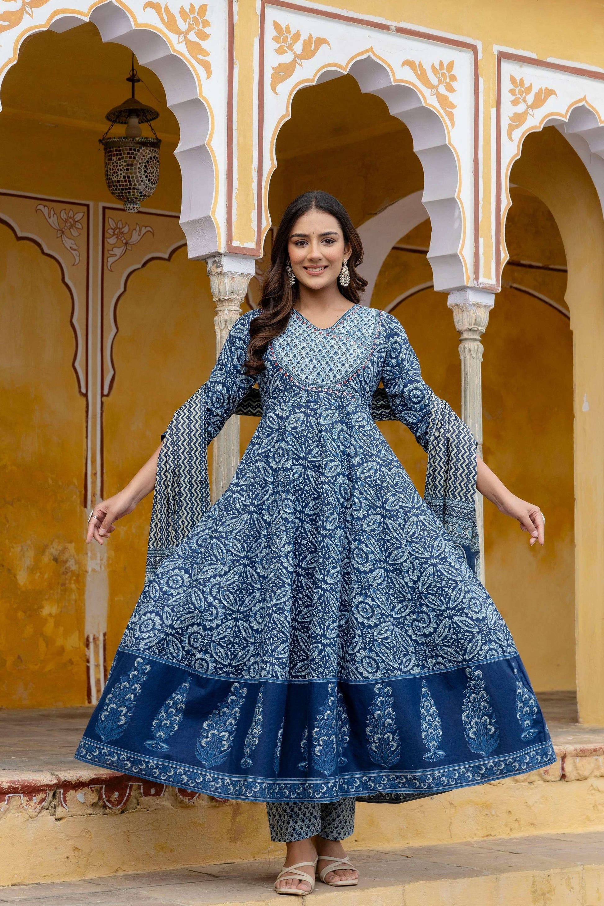 Embroidered Anarkali Kurta With Pant & Printed Dupatta, Blue - Hiral Fashion
