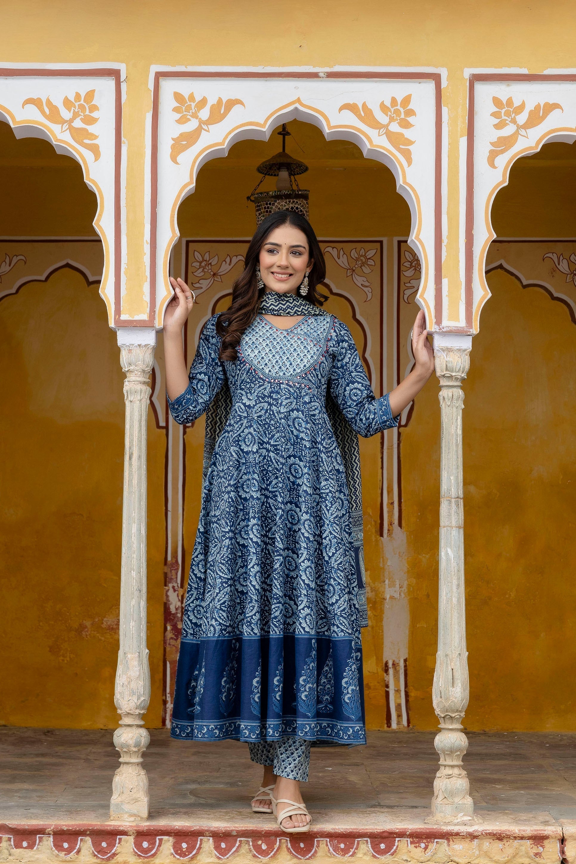 Embroidered Anarkali Kurta With Pant & Printed Dupatta, Blue - Hiral Fashion