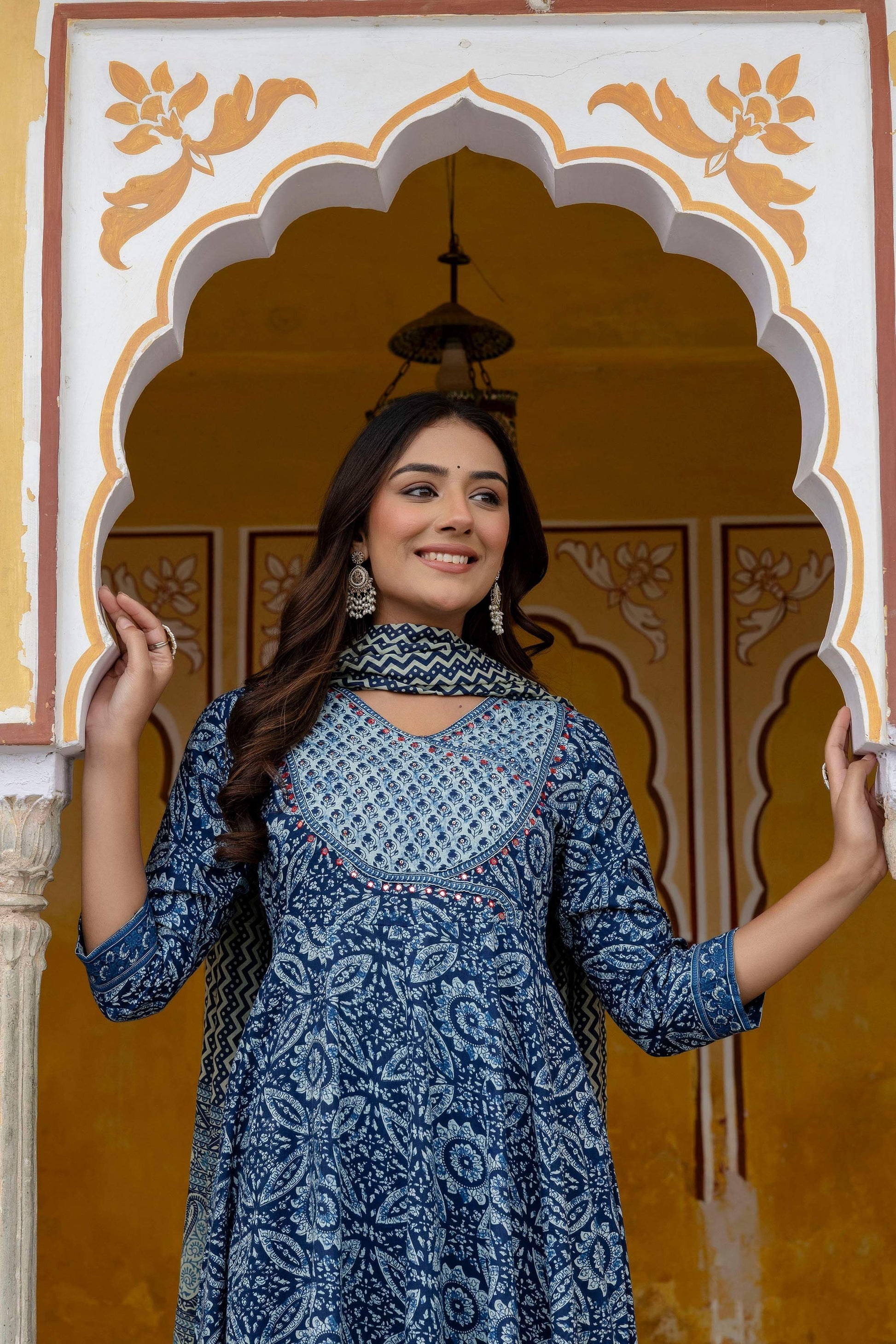Embroidered Anarkali Kurta With Pant & Printed Dupatta, Blue - Hiral Fashion