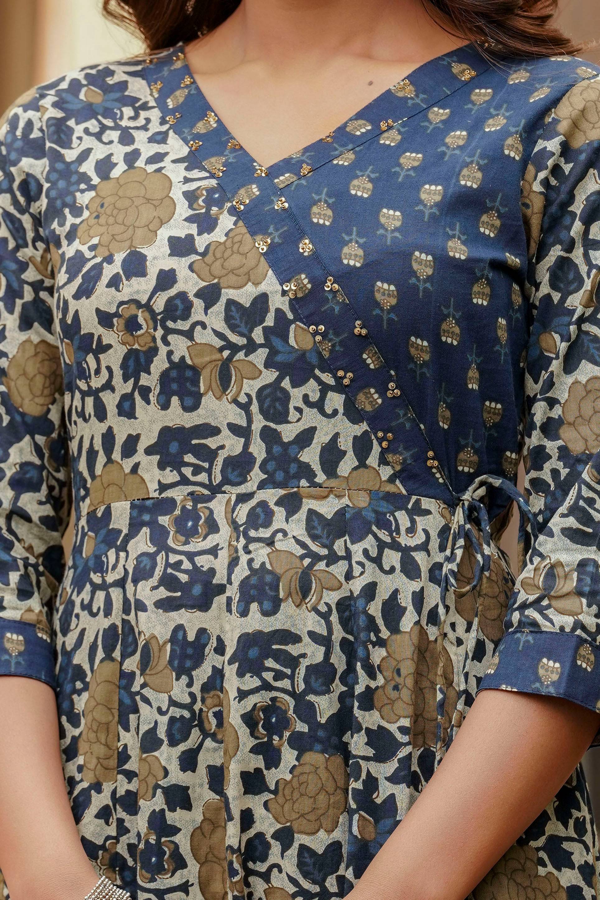 Embroidered & Floral Printed Angarkha Style Kurta With Matching Pant & Dupatta, Blue - Hiral Fashion