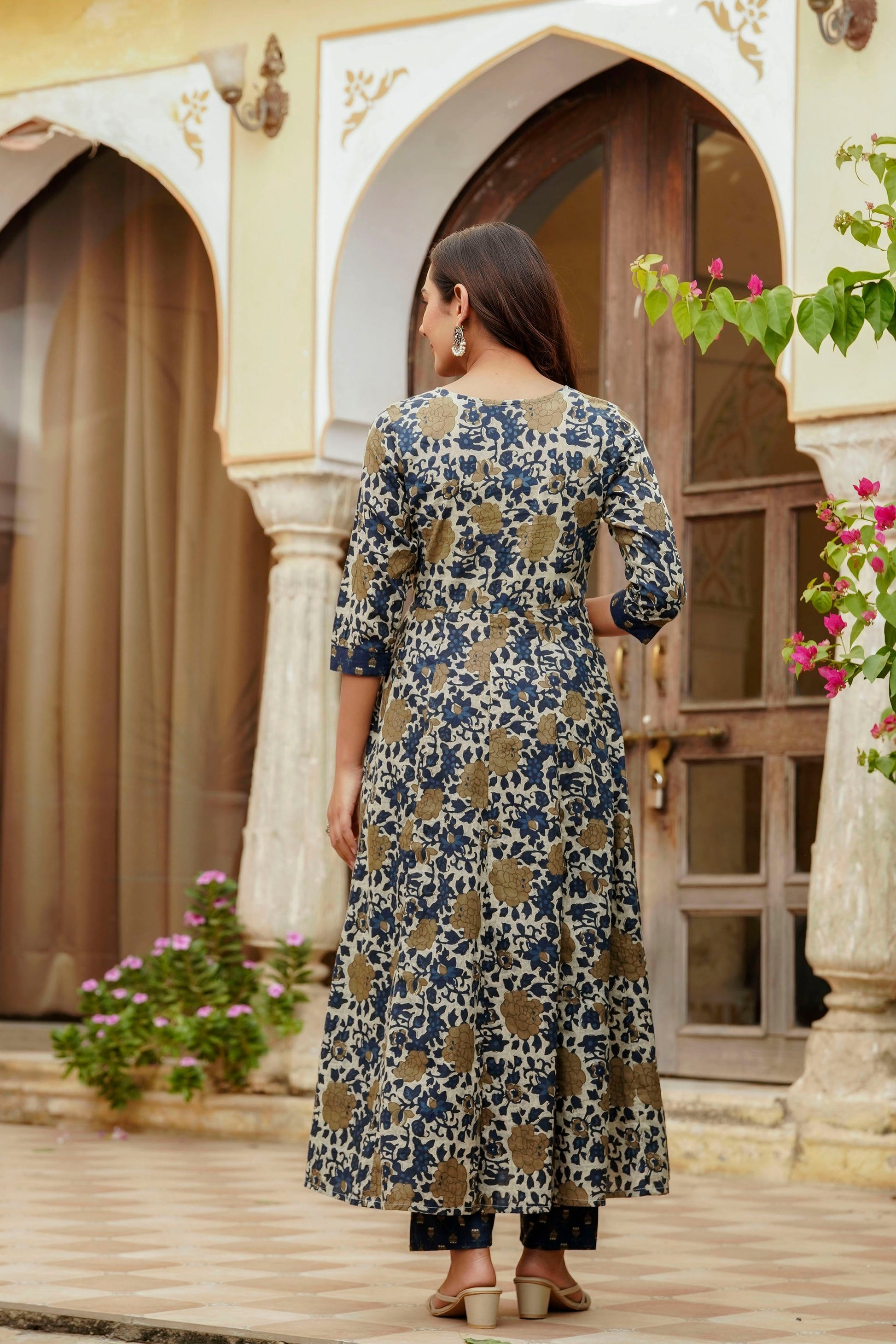 Embroidered & Floral Printed Angarkha Style Kurta With Matching Pant & Dupatta, Blue - Hiral Fashion