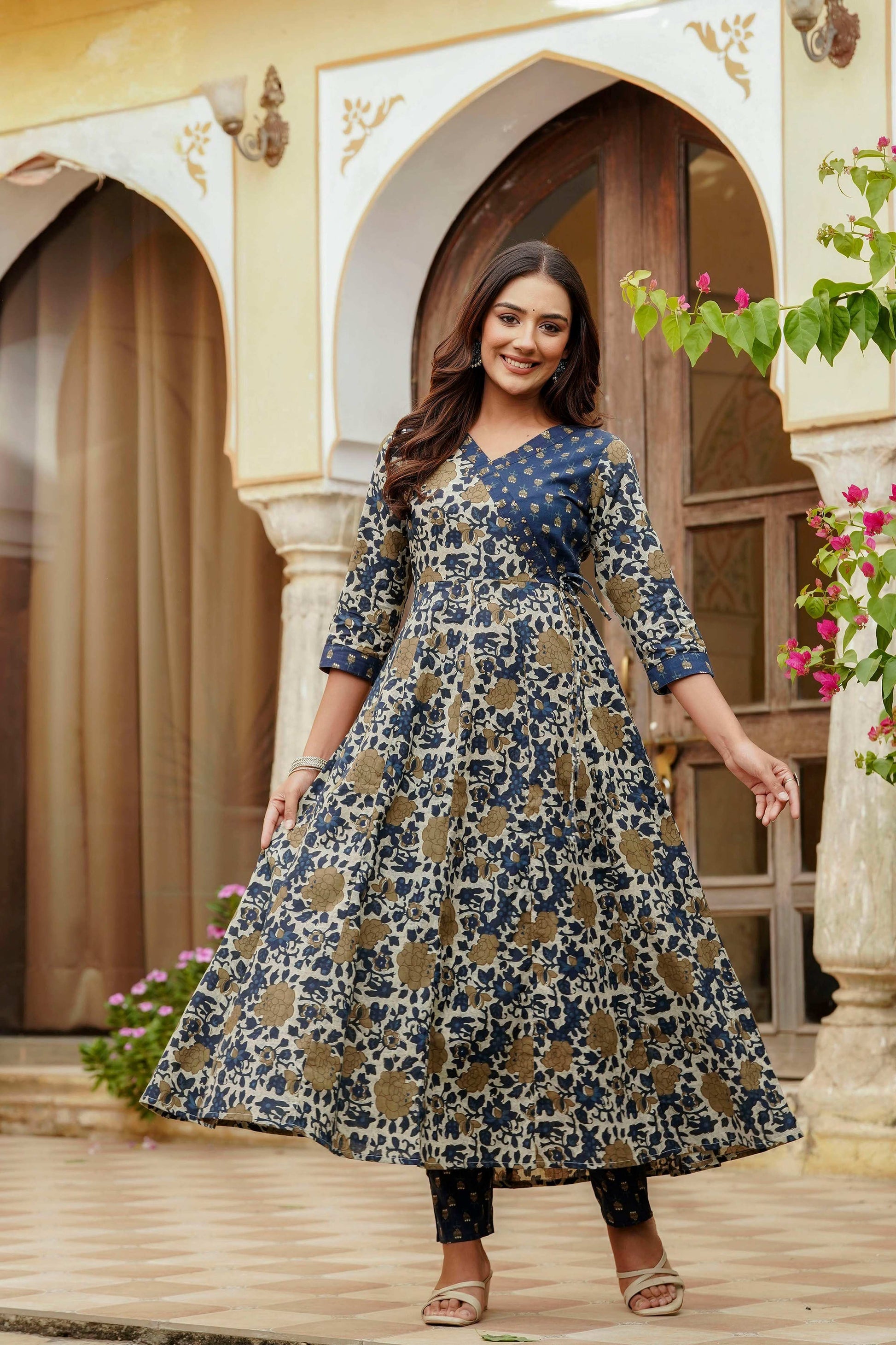 Embroidered & Floral Printed Angarkha Style Kurta With Matching Pant & Dupatta, Blue - Hiral Fashion