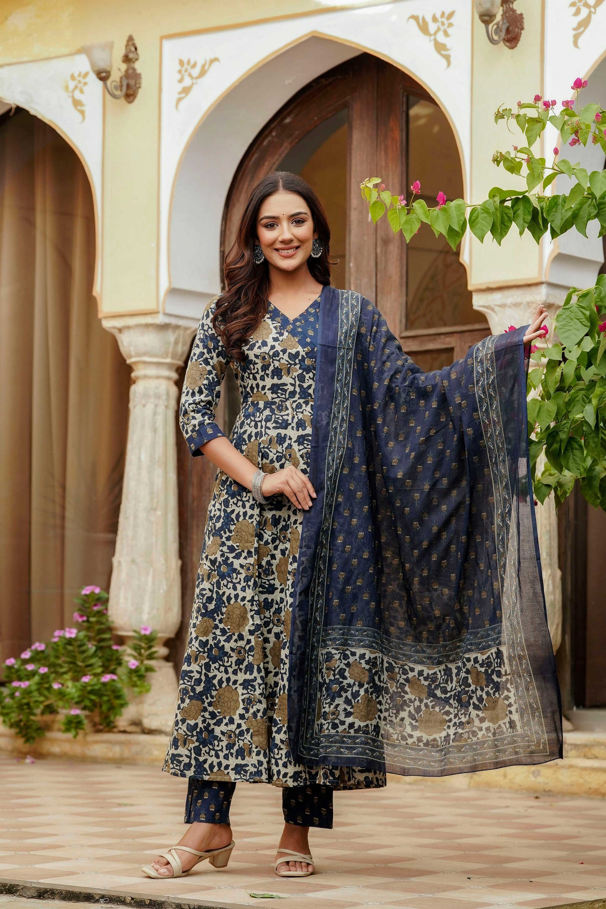 Embroidered & Floral Printed Angarkha Style Kurta With Matching Pant & Dupatta, Blue - Hiral Fashion