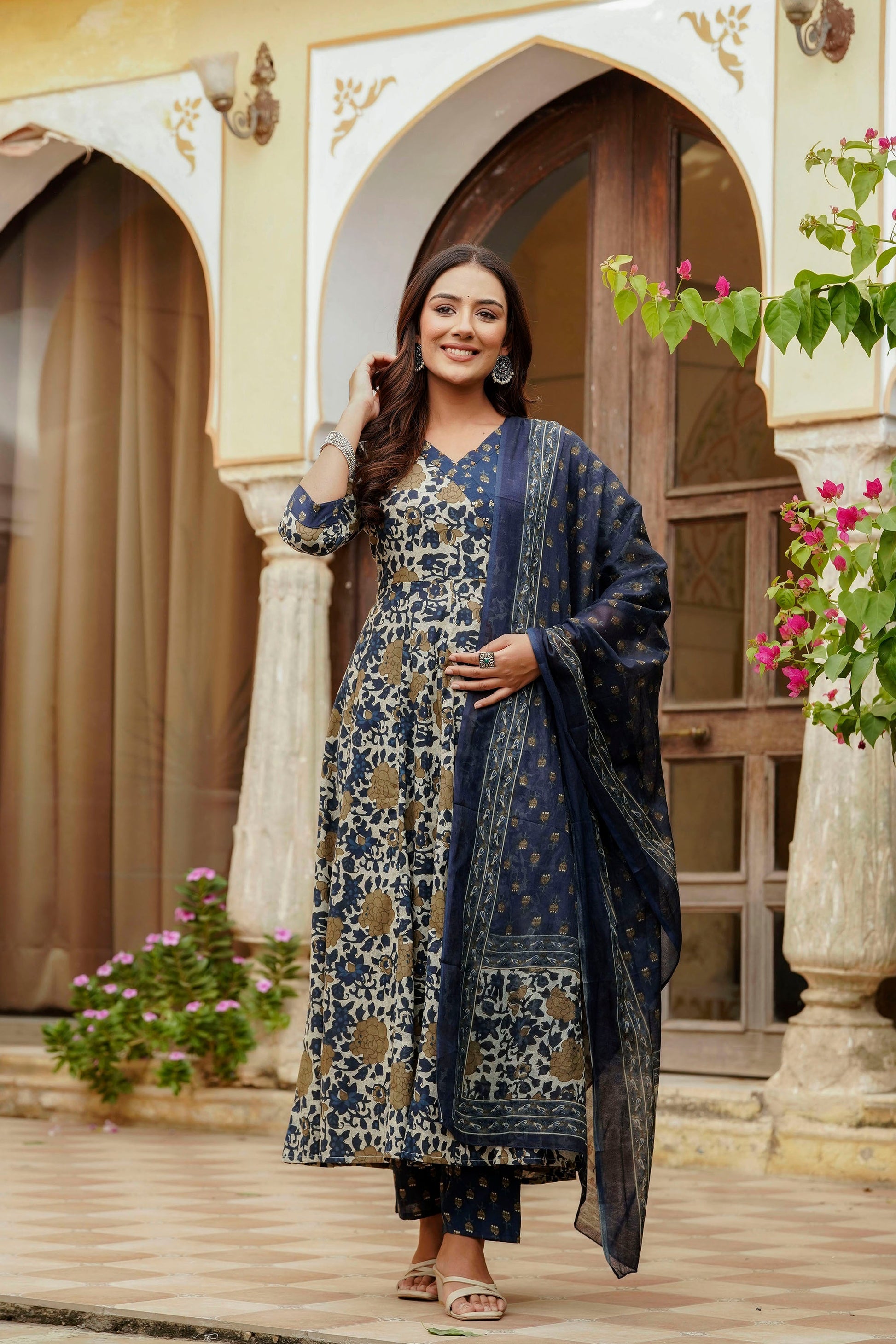 Embroidered & Floral Printed Angarkha Style Kurta With Matching Pant & Dupatta, Blue - Hiral Fashion
