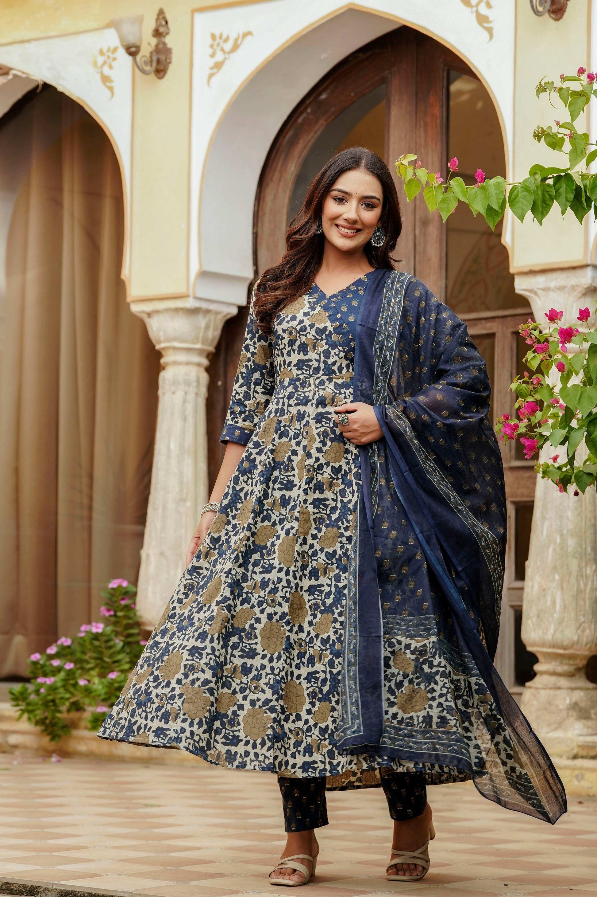 Embroidered & Floral Printed Angarkha Style Kurta With Matching Pant & Dupatta, Blue - Hiral Fashion