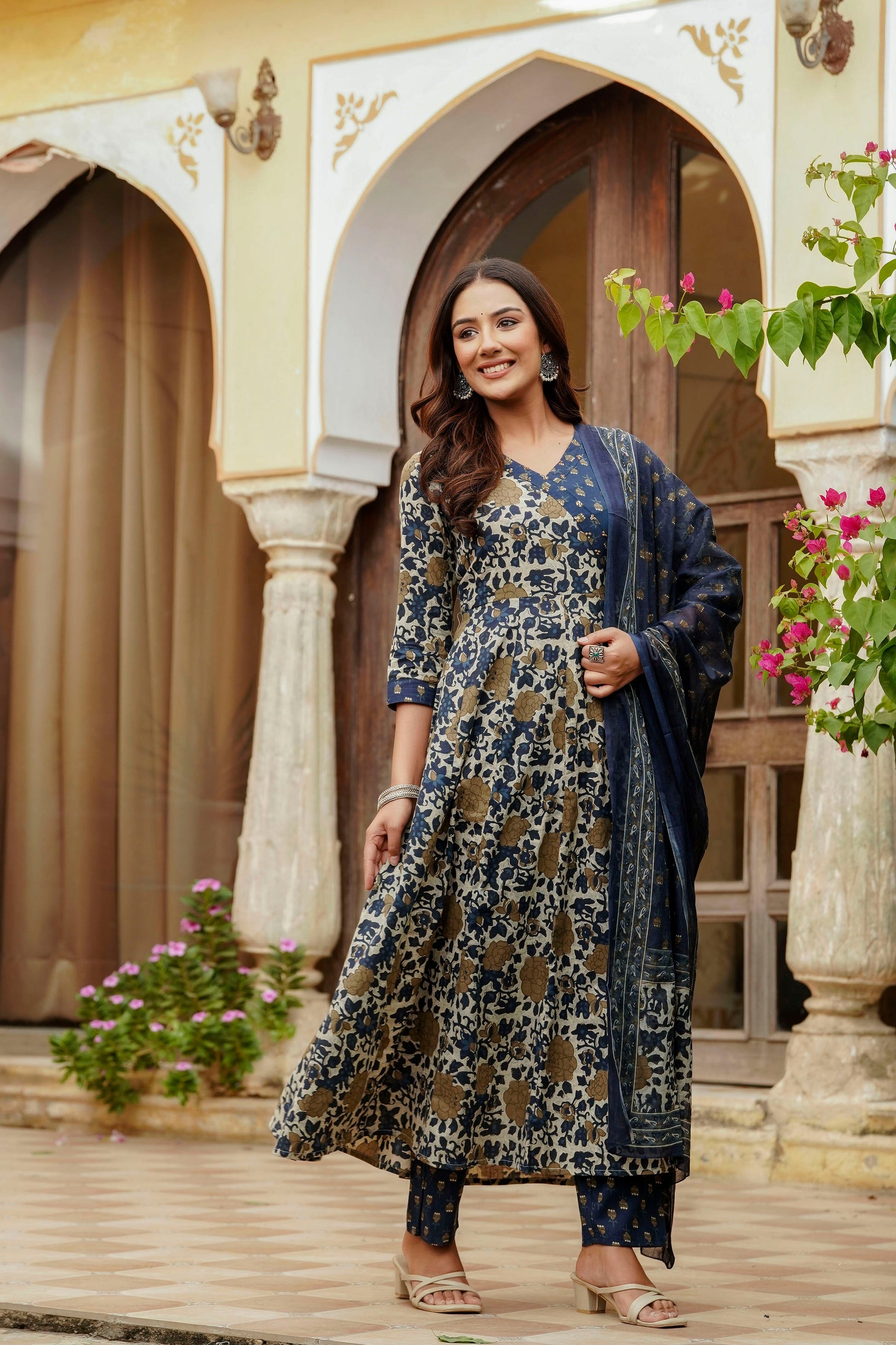 Embroidered & Floral Printed Angarkha Style Kurta With Matching Pant & Dupatta, Blue - Hiral Fashion