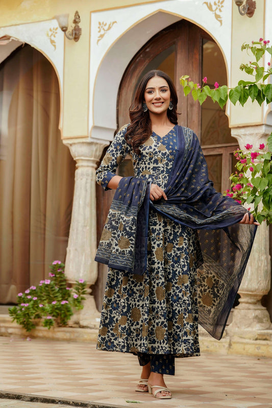 Embroidered & Floral Printed Angarkha Style Kurta With Matching Pant & Dupatta, Blue - Hiral Fashion