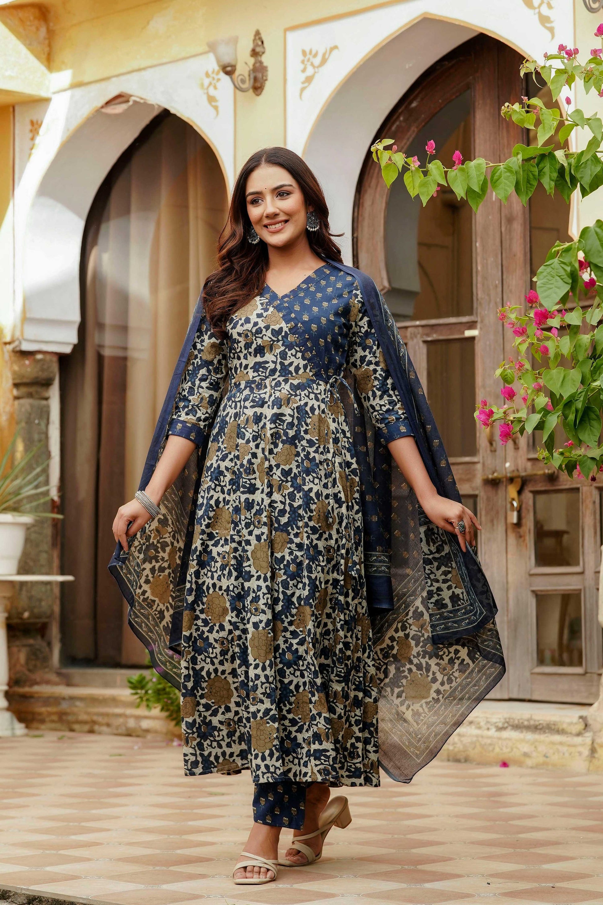 Embroidered & Floral Printed Angarkha Style Kurta With Matching Pant & Dupatta, Blue - Hiral Fashion