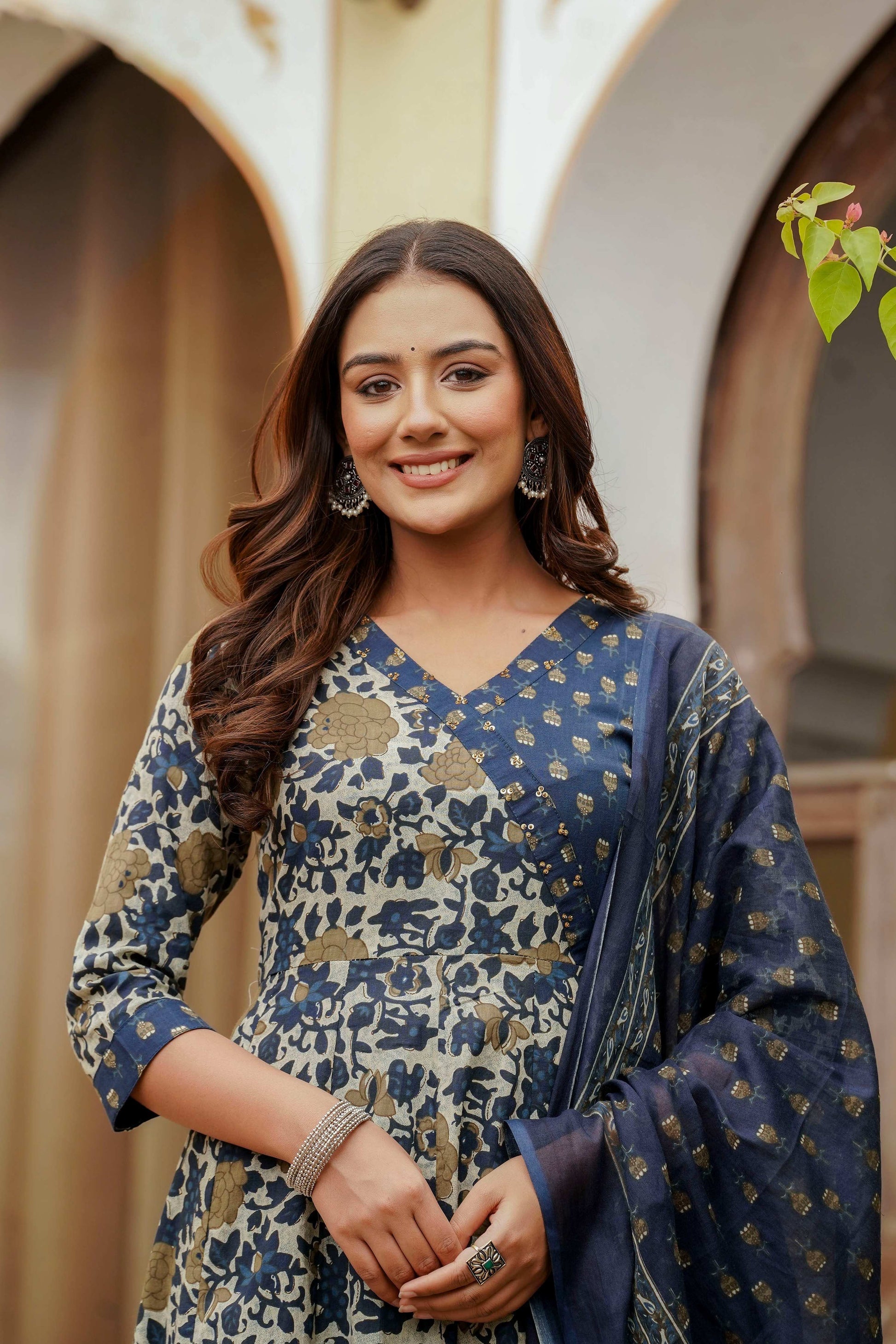 Embroidered & Floral Printed Angarkha Style Kurta With Matching Pant & Dupatta, Blue - Hiral Fashion