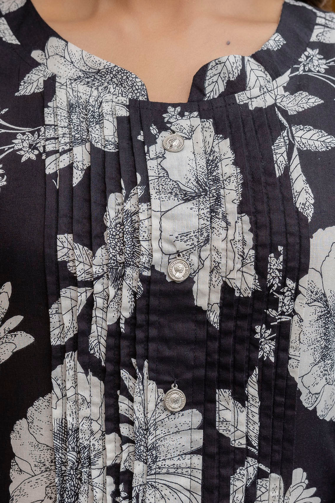Floral Printed Kurta With Pant & Stripe Printed Dupatta, Black - Hiral Fashion