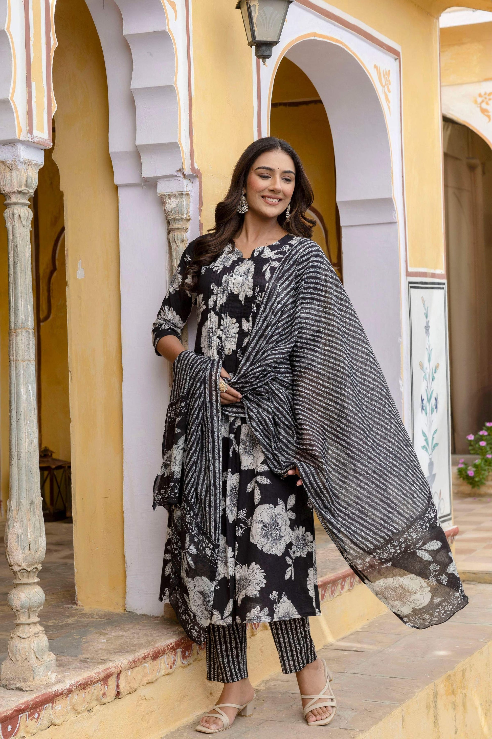 Floral Printed Kurta With Pant & Stripe Printed Dupatta, Black - Hiral Fashion