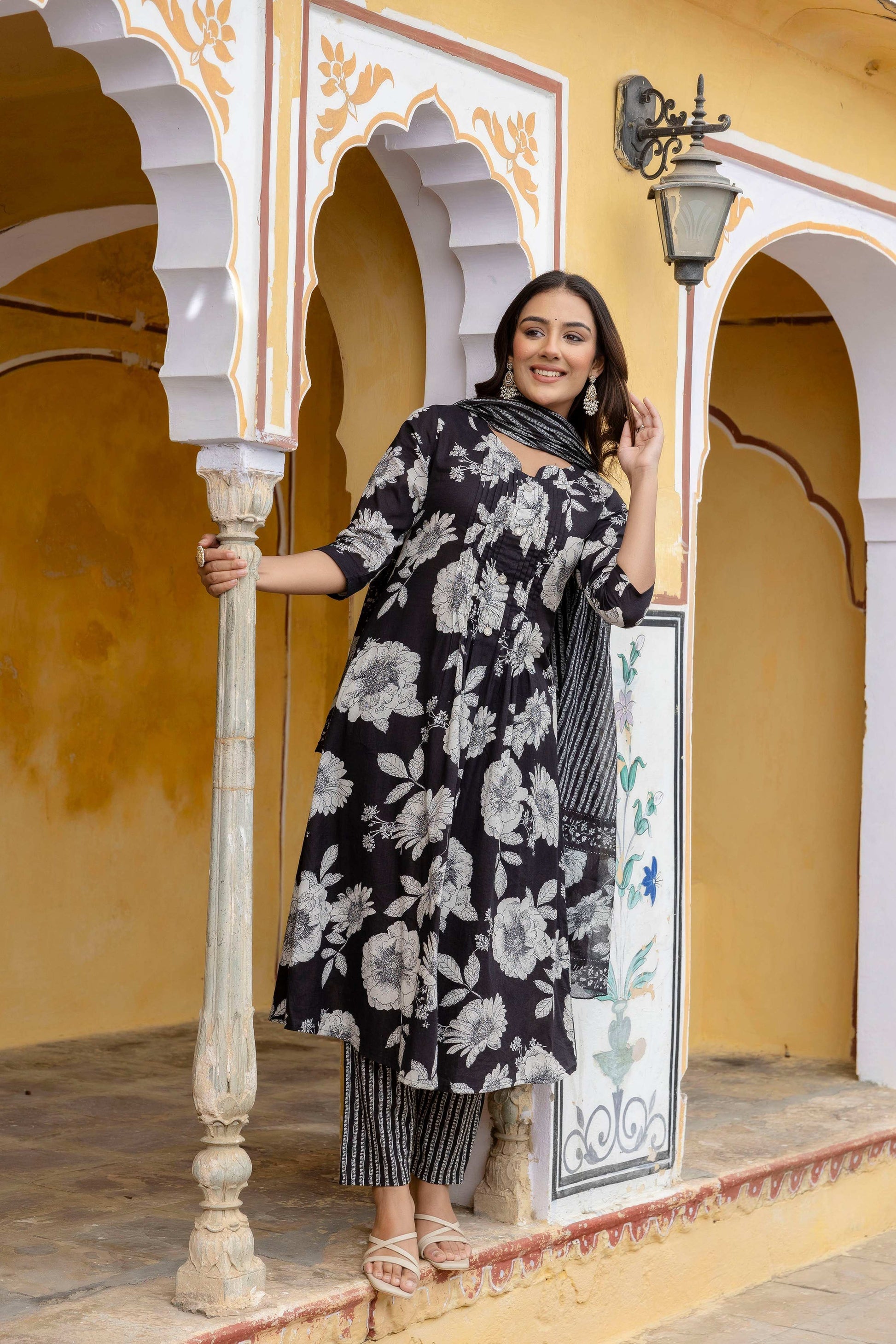 Floral Printed Kurta With Pant & Stripe Printed Dupatta, Black - Hiral Fashion