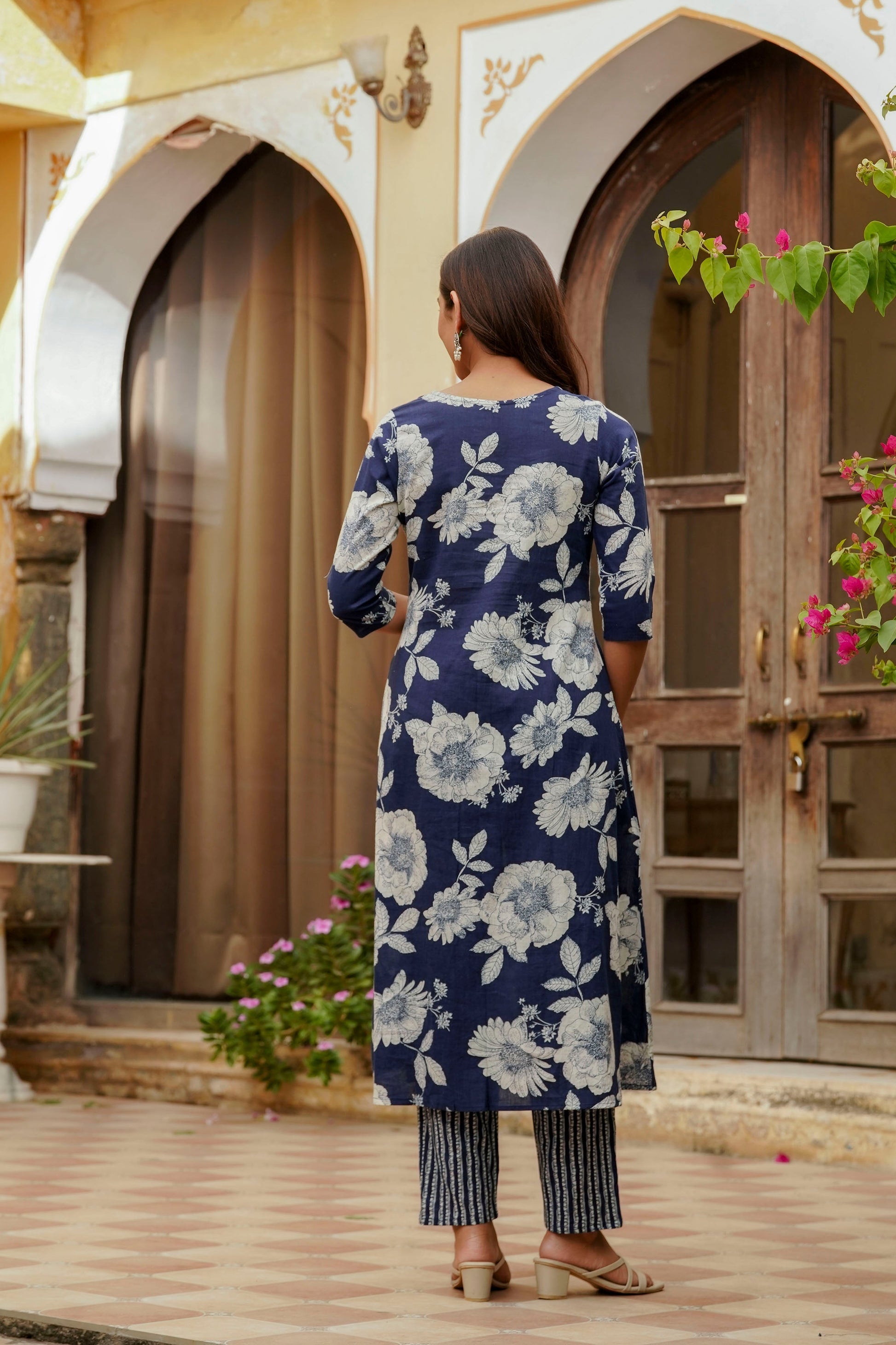 Floral Printed Kurta With Pant & Stripe Printed Dupatta, Blue - Hiral Fashion