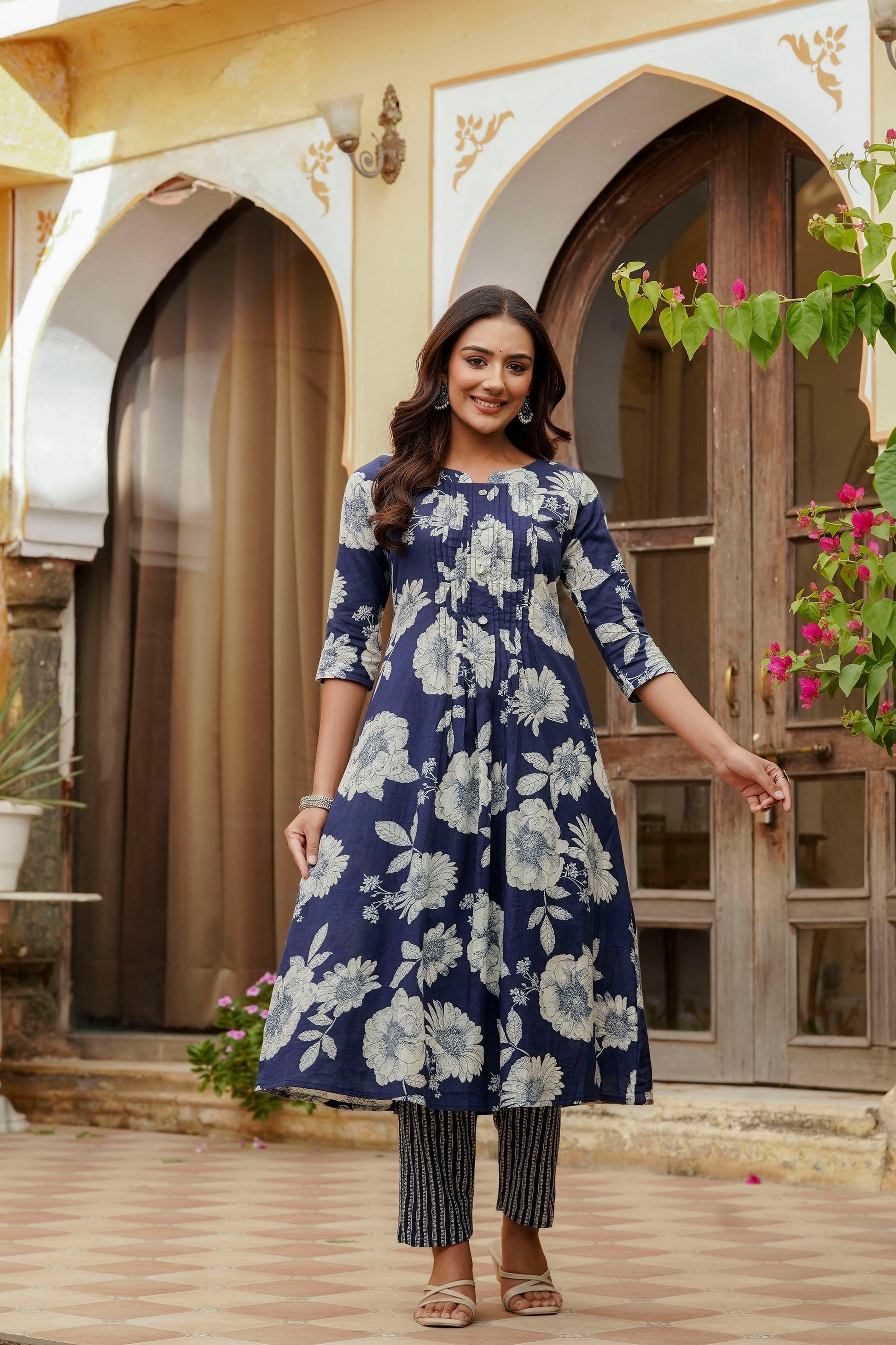 Floral Printed Kurta With Pant & Stripe Printed Dupatta, Blue - Hiral Fashion
