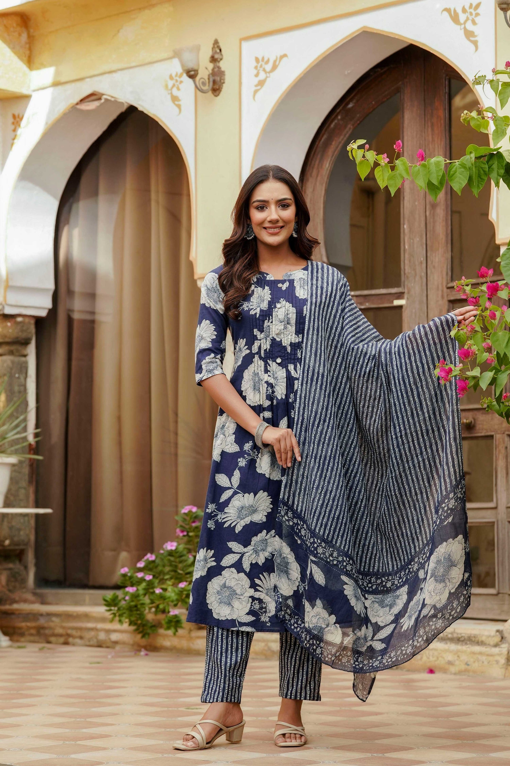 Floral Printed Kurta With Pant & Stripe Printed Dupatta, Blue - Hiral Fashion